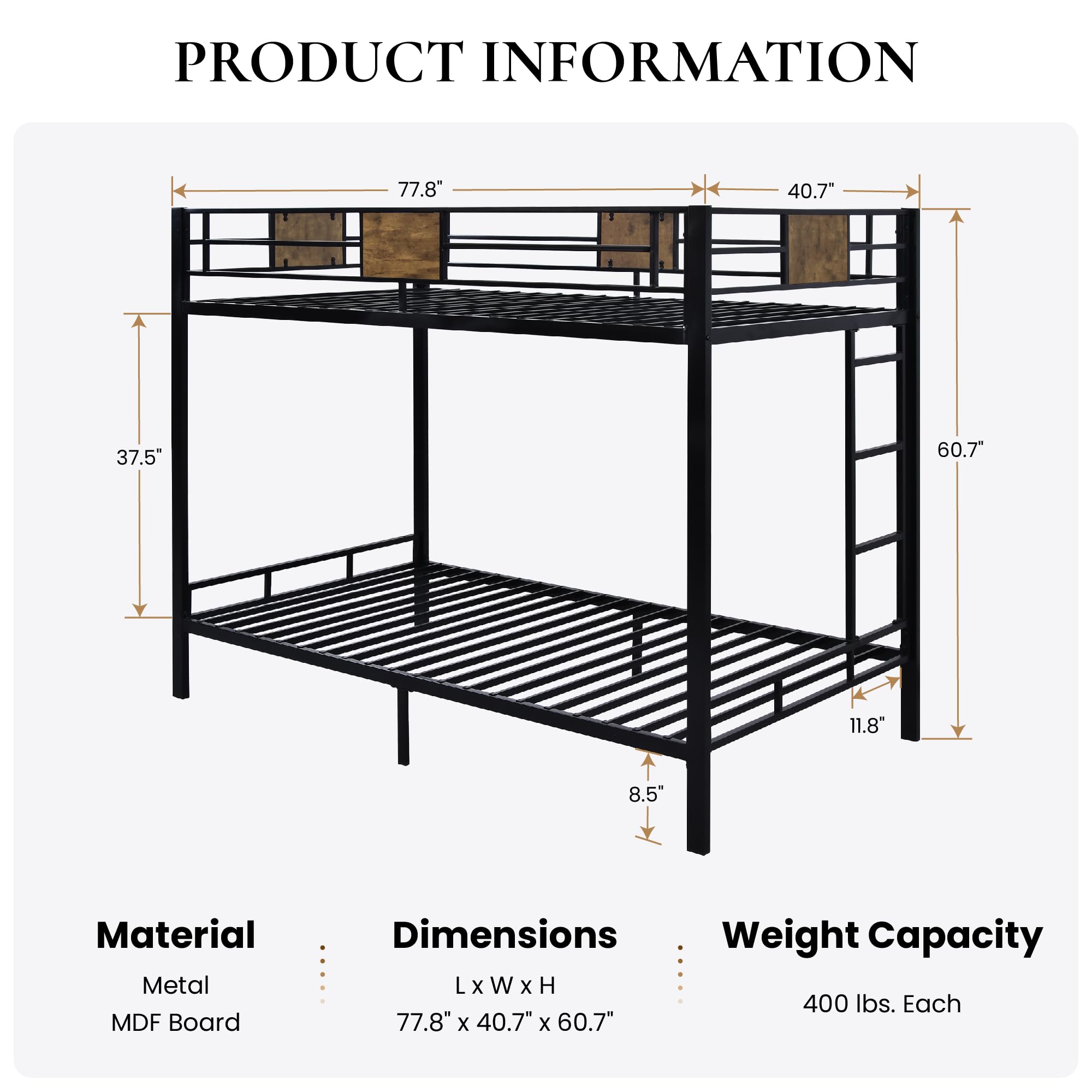 SHA CERLIN Bunk Bed Twin Over Twin Size with Ladder and Full-Length Guardrail, Metal, Storage Space, No Box Spring Needed, Noise Free, Black