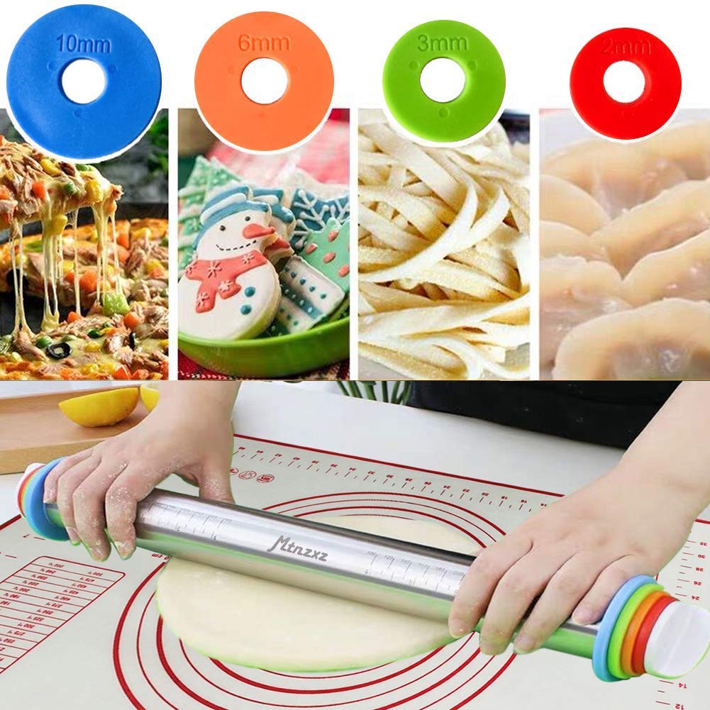 Rolling Pin and Silicone Baking Pastry Mat Set, Stainless Steel Dough Roller, Rolling Pins with Adjustable Thickness Rings, for Baking Fondant, Pizza, Pie, Pastries, Pasta, Cookies
