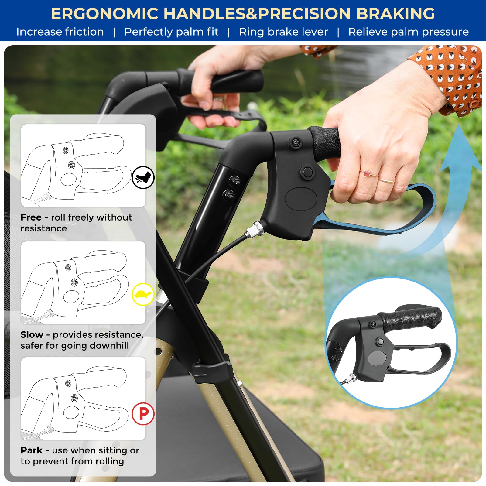 Foldable Rollator Walker for Seniors with Seat, Lightweight 2 In 1 Rolling Walkers Wheelchair Combo for Adult, Transport Chair with Brakes, Adjustable Seat & Handle, 300 Lb. Weight Capacity, Champagne
