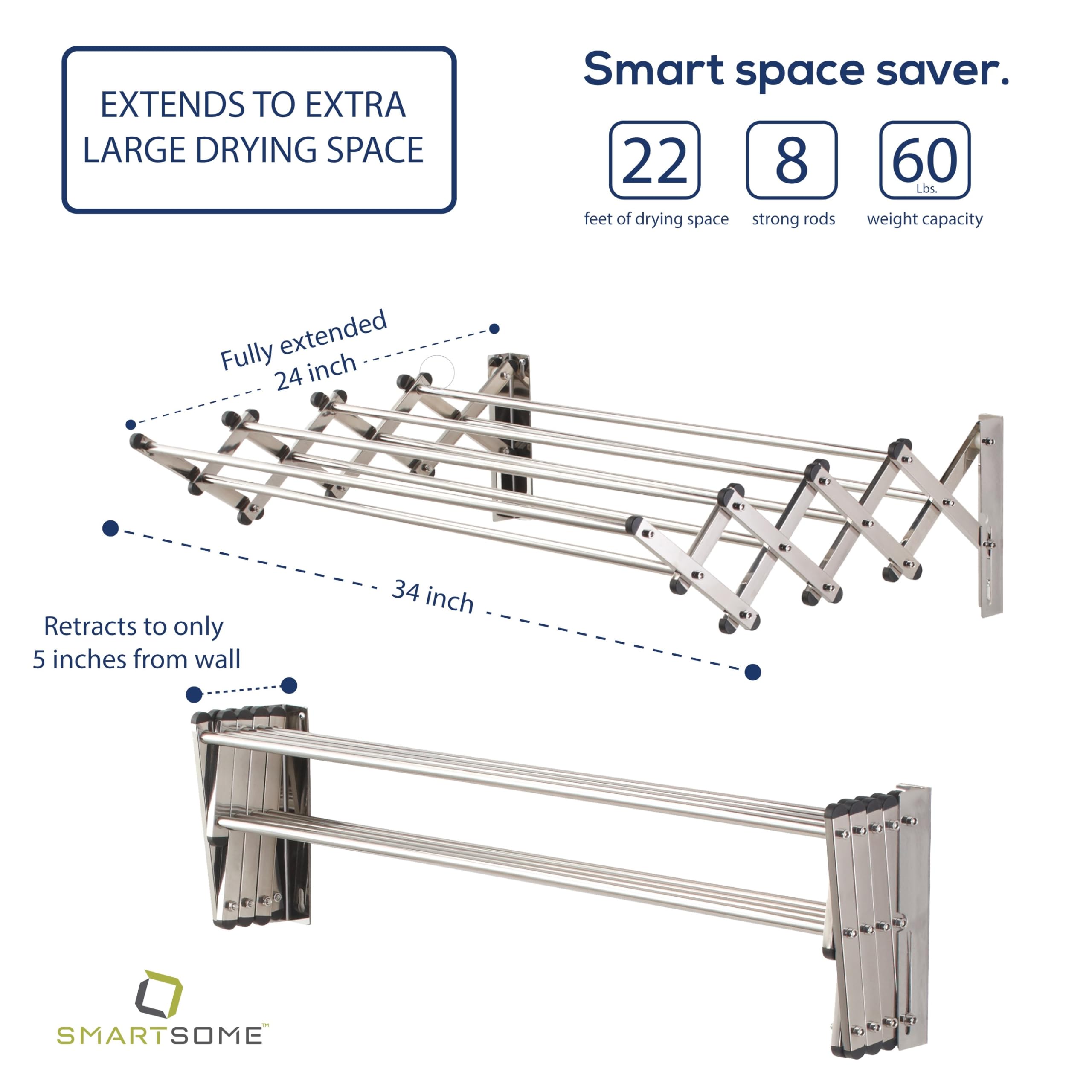 Smartsome Space Saver Fold Away Racks: Stainless Steel Wall Mounted Laundry Drying Rack, Easy To Install - 8 34" Rods, Total: 22.5 Linear Ft, 60 lb Capacity- Indoor and Outdoor Use