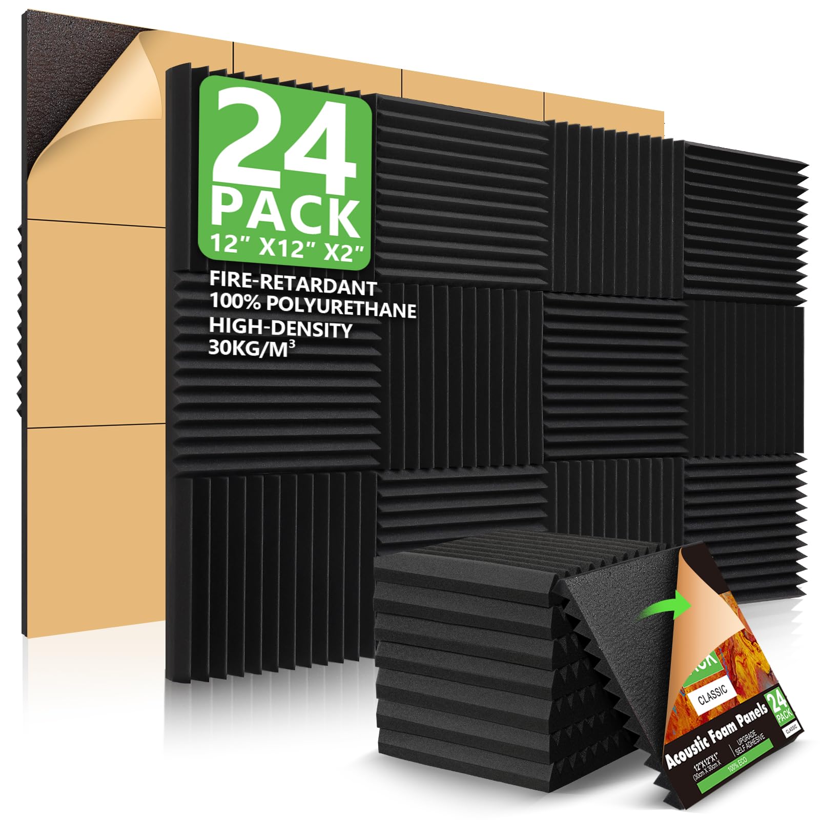 24 Pack Acoustic Panels Self-Adhesive, 2" X 12" X 12" Sound Proof Foam Panels, Quick-Recovery Acoustic Foam Wedges,High Density Soundproofing Wedges,Soundproof Wall Panels for Home Studio