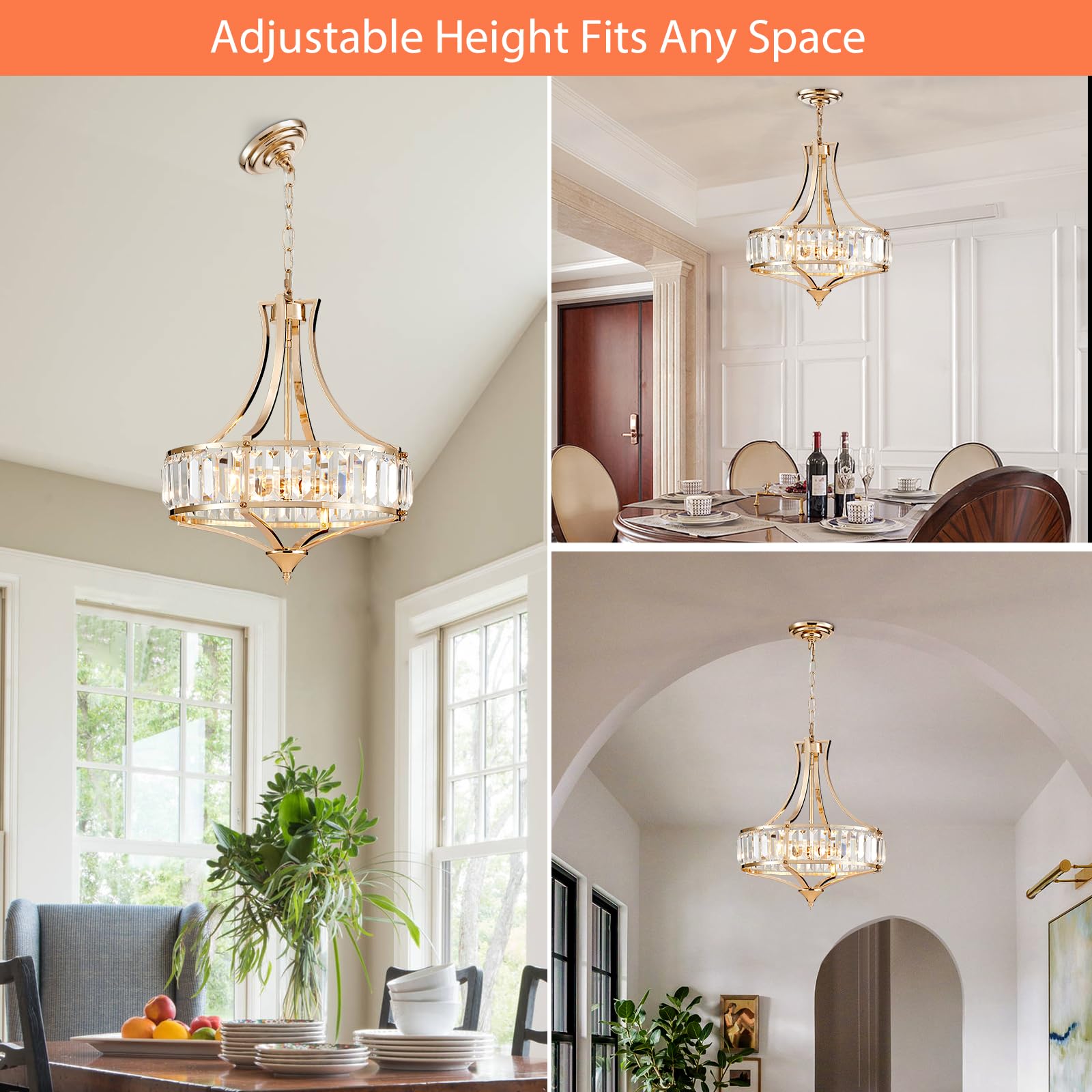 Majhoiw Chandeliers for Dining Room Modern Farmhouse Chandelier, 4-Light Crystal Chandeliers, Rustic Chandelier with Round Metal Lampshade, Perfect for Hallway Bedroom Foyer, Brush French Glod