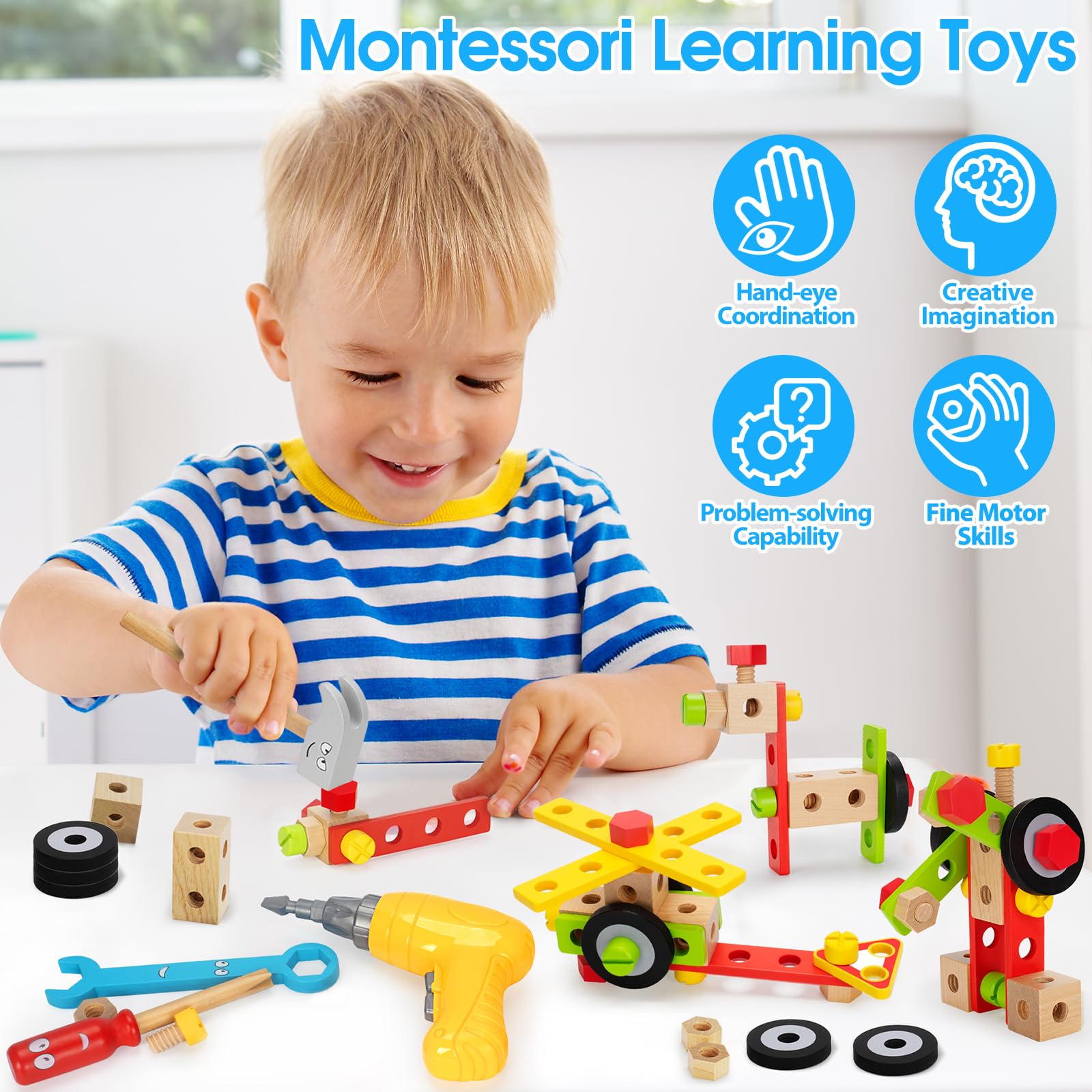 Kids Tool Set Toys for 3, 4, 5, 6, 7 Year Old Boys, Wooden Toddler Tools Set with Electric Drill & Tool Box, Montessori STEM Educational Construction Building Toy, Xmas Birthday Gifts for Boys Girls