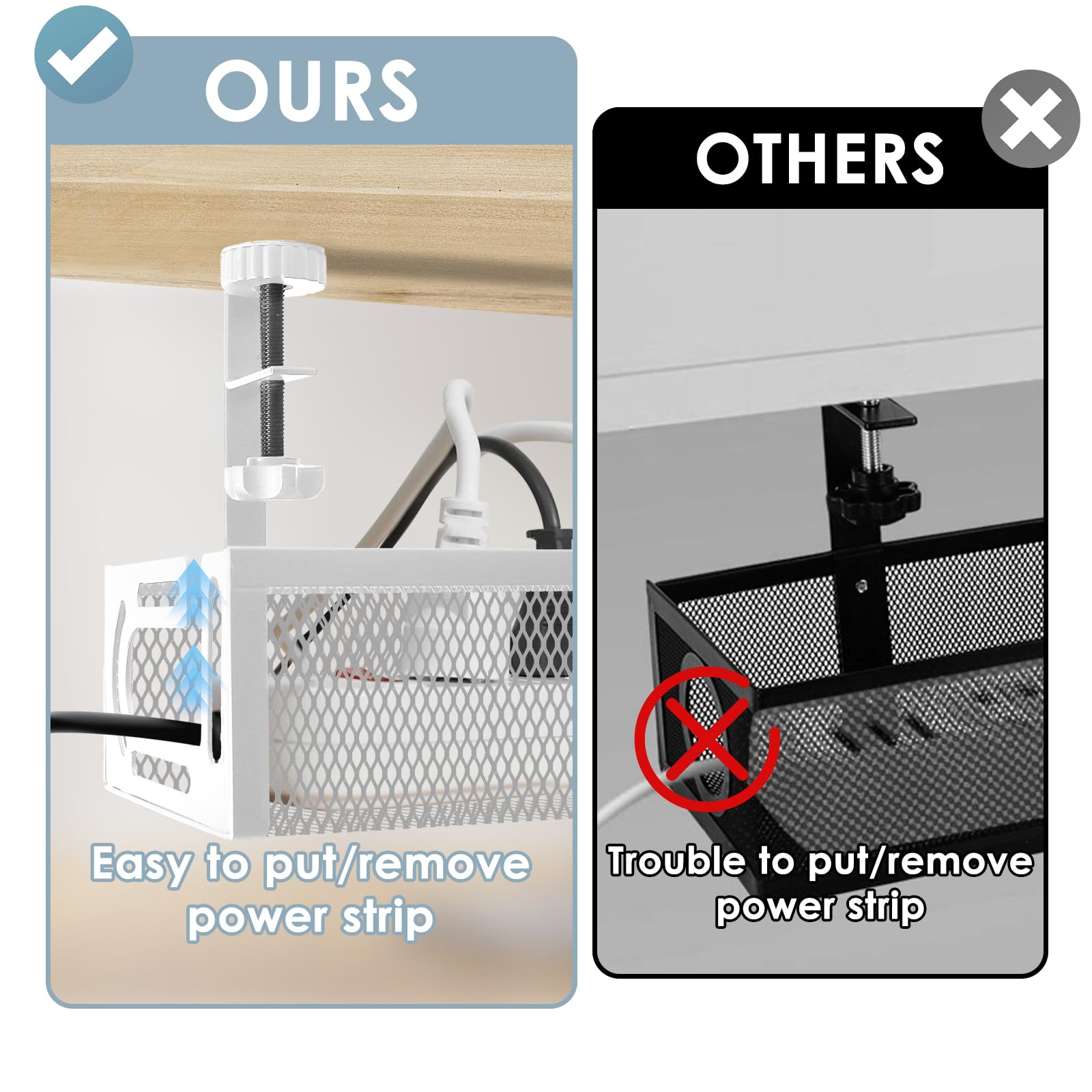 Under Desk Cable Management Tray, Cable Management Under Desk No Drill, Cable Management Tray with Desk Clamp for Home Office Standing Desk Wire Management, White