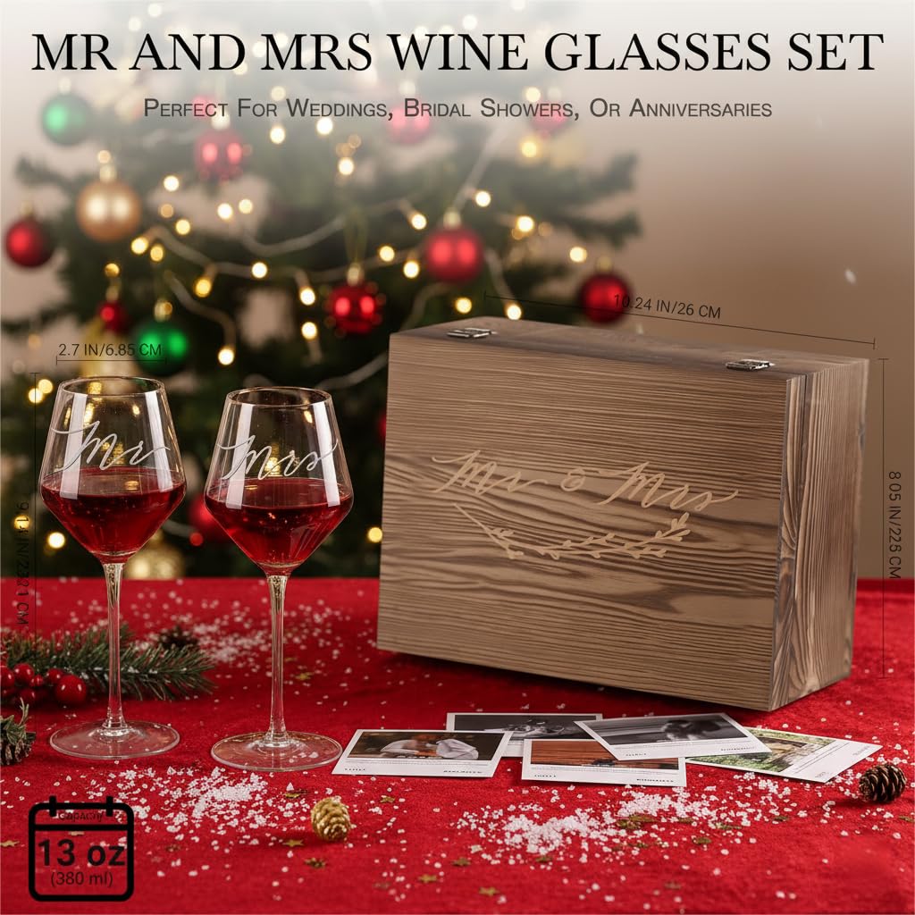 Mr Mrs Wine Glasses Gifts for Engagement/Bridal Shower/Wedding,Just Engaged Gifts for Coules/Women/Newlyweds,Bridal Shower Gift for Bride to be-Wedding Keepsake Wooden Box Set for Christmas Couples