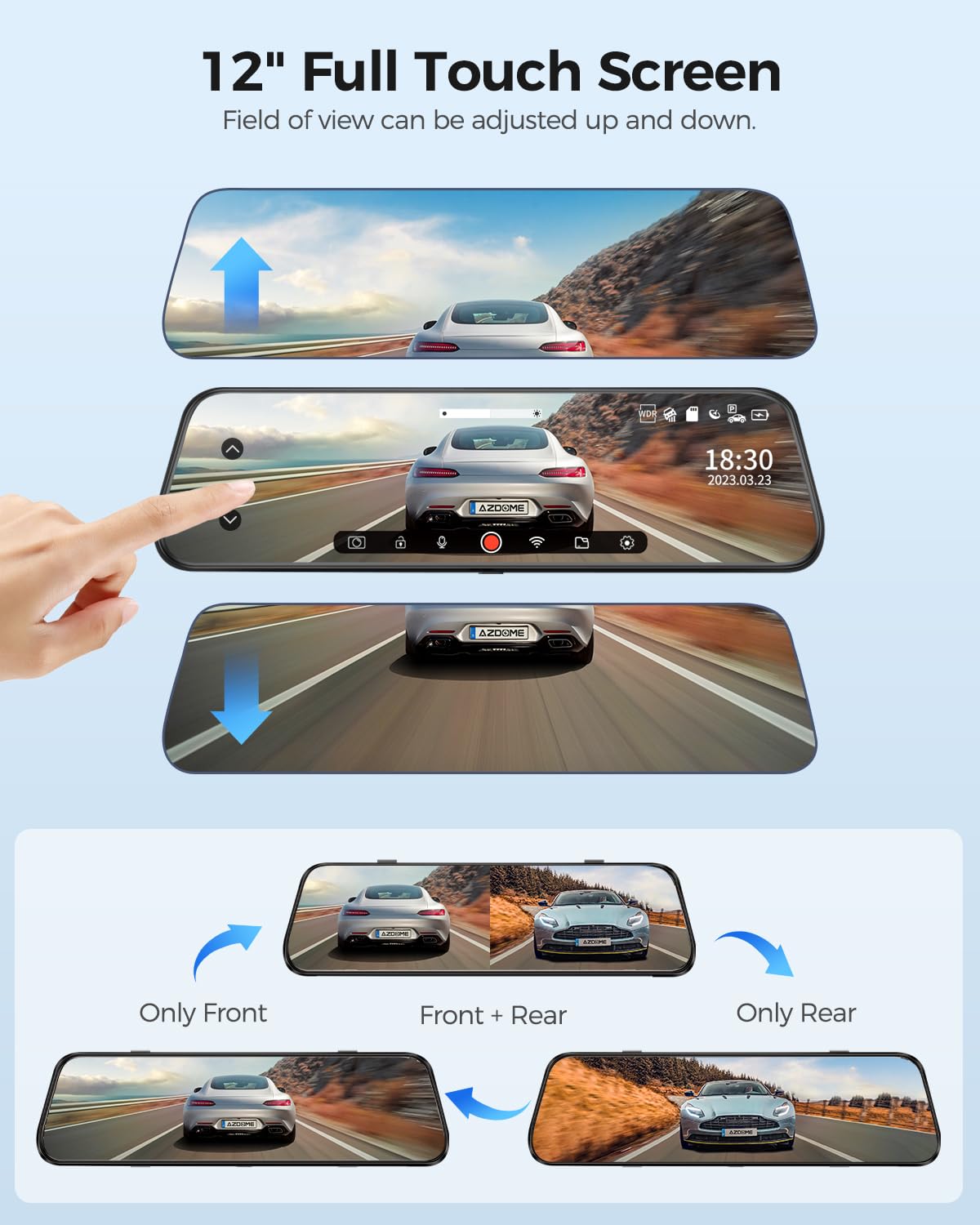 AZDOME PG17 WiFi Rear View Mirror Camera, 12" Mirror Dash Cam, Dual Camera 2.5K Front and 1080P Rear Camera for Car, Free 64GB TF Card, Waterproof Backup Camera Night Vision, Parking Assistance GPS