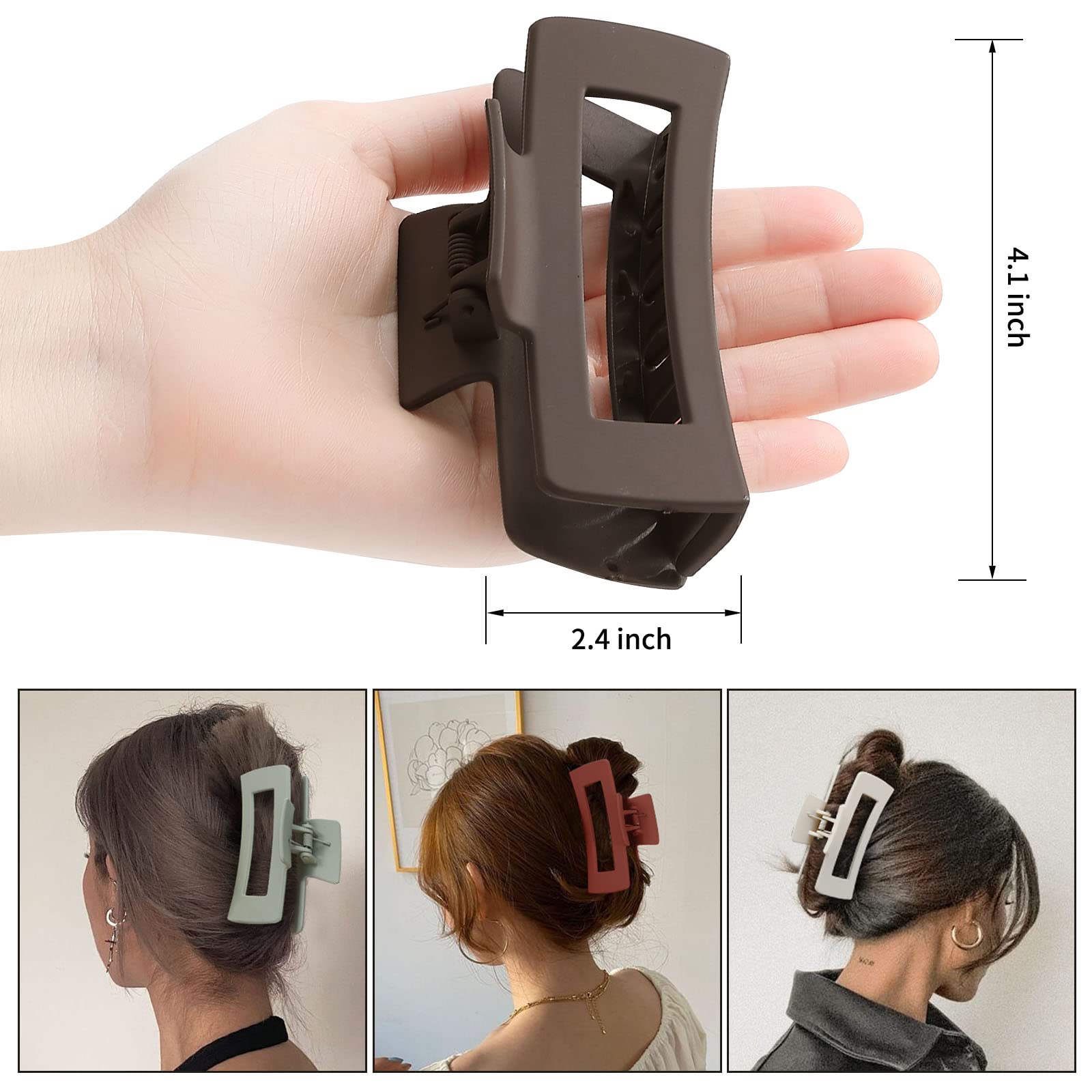 Sisiaipu 4 Inch Big Hair Claw Clips 6 Pcs for Thick Hair Square Hair Clips for Women Rectangle Nonslip Acrylic Banana Jaw Clips Hair Accessories for Girls -Brown