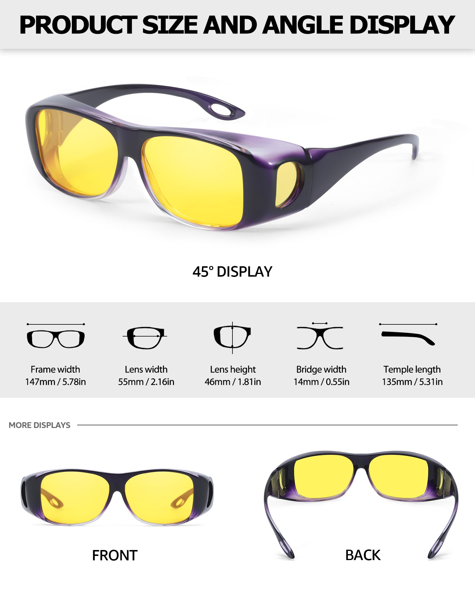 TJUTR Night Vision Driving Glasses for Women Men, Fit Over Wrap Around Eyewear Glasses, Yellow Lens Anti-glare TN8143