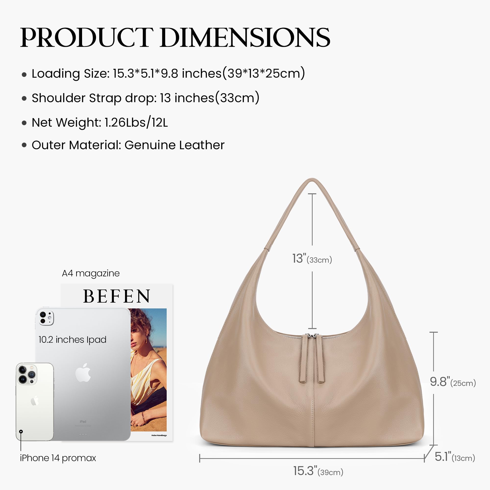 befen Leather Slouchy Hobo Bags for Women, Ultra Soft Full Grain Leather Large Tote Bag,Lightweight Tote Purses Foldable Shoulder Handbag, Oversized Hobo Bags for Women Work Travel, Milk Tea