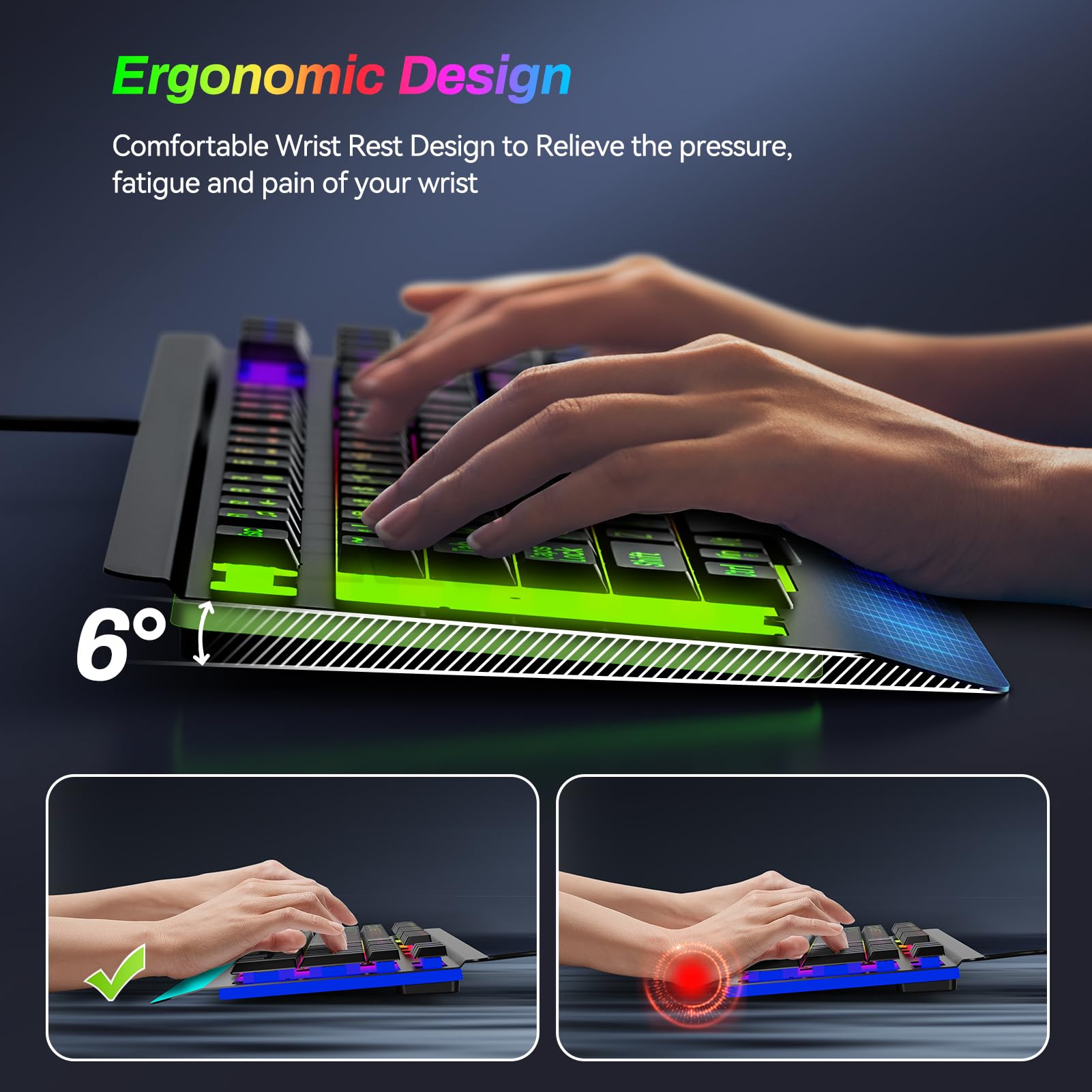 Gaming Keyboard with Large Print Keys, 7-Color Rainbow LED Backlit, Quiet Light Up Computer Keyboard with All-Metal Panel, Wrist Rest, Anti-Ghosting Multimedia Keys, USB Wired Keyboard for PC Mac Xbox