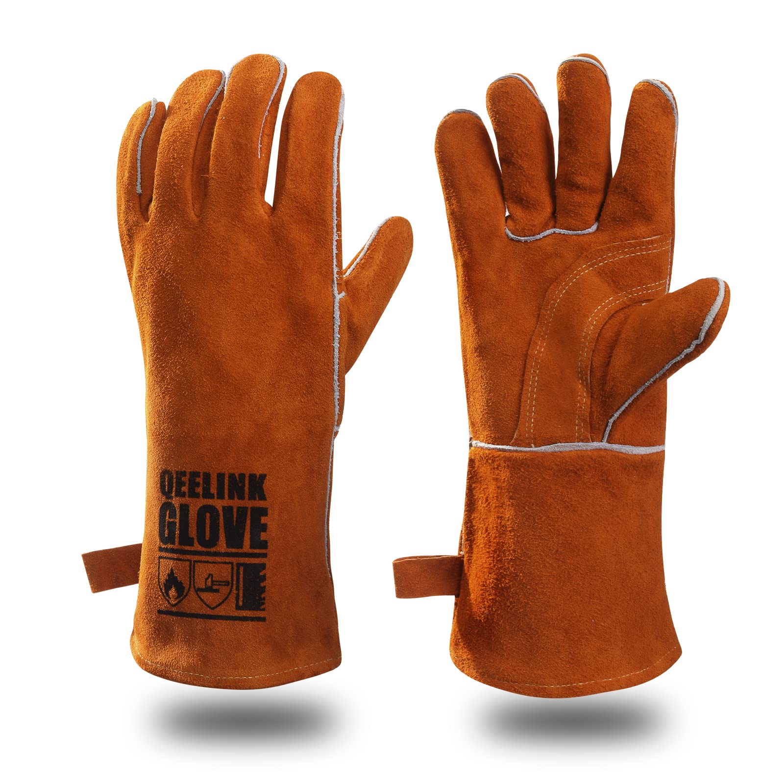 QeeLink Welding Gloves - Heat/Fire Resistant Lined Leather and Fireproof Stitching-Fireplace/BBQ/Gardening for Men or Women (14-inch, Brown)