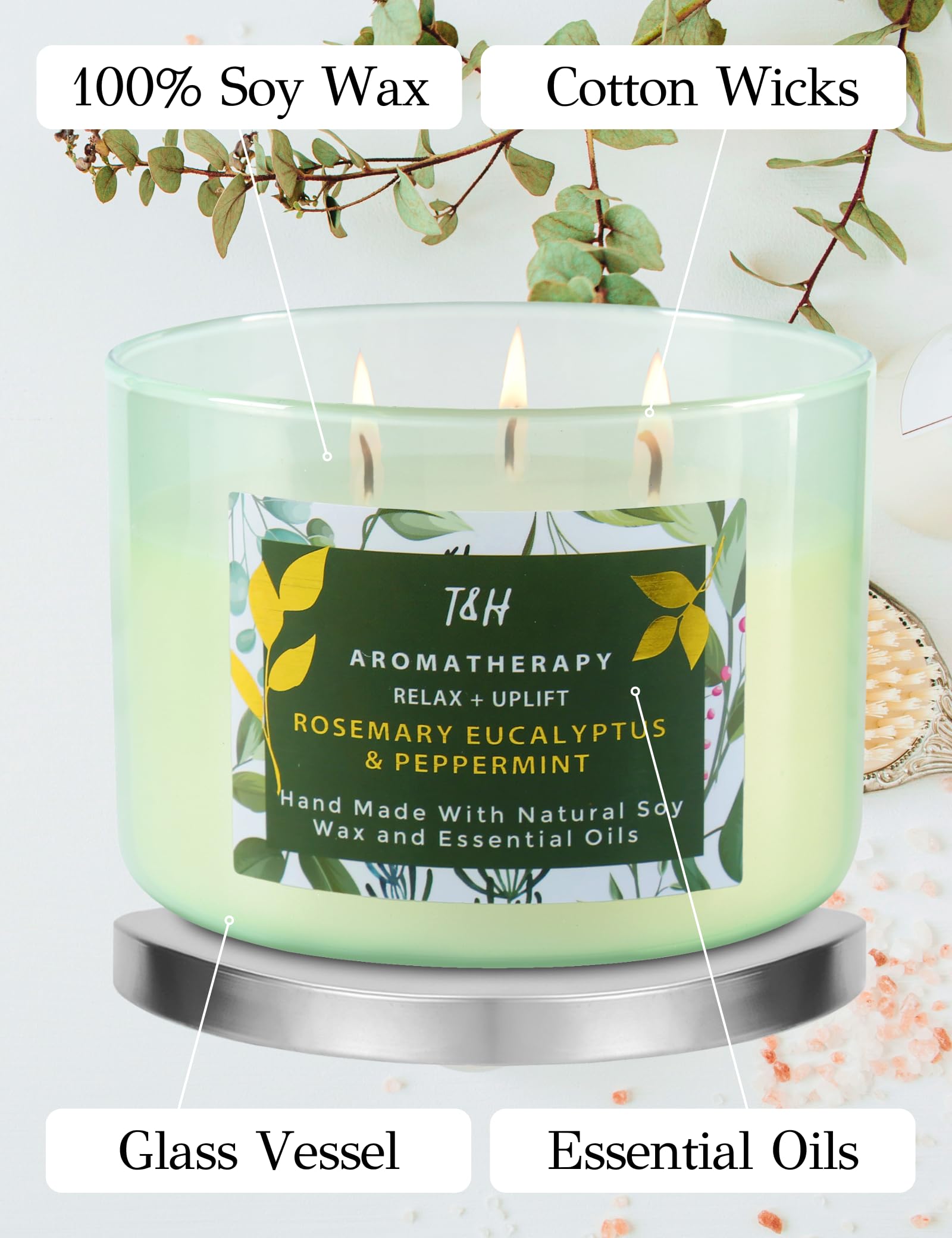Rosemary Eucalyptus Peppermint Candle | Highly Scented Large 3 Wick Soy Candle 15.8 oz | Uplifting Fresh Eucalyptus Mint Scented Candle for Home | Aromatherapy Stress Relief Candle for Women & Men