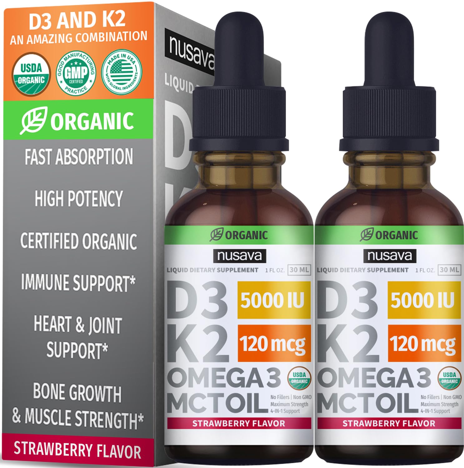 NUSAVA Unflavored D3 K2, Strawberry Flavored D3 K2, & Vitamin B12 Liquid Drops Bundle - Potent Liquid Vitamins for Heart, Joint, Energy, & Immune Support - Non-GMO, Gluten-Free, 2pk Each