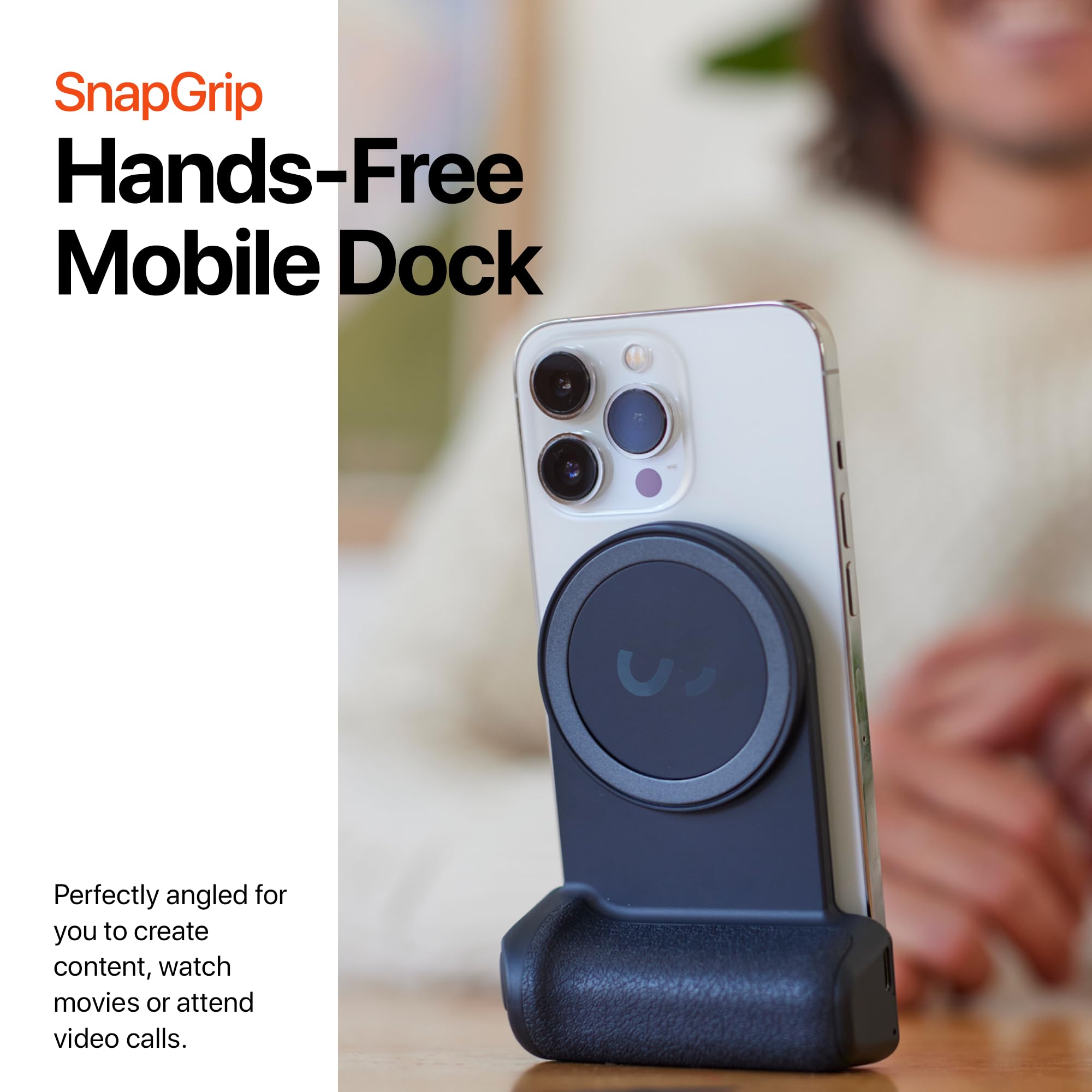 ShiftCam SnapGrip - Mobile Phone Camera Grip with Wireless Shutter Button - Magnetic Mount Snaps on to Any Phone - Built in Powerbank with Qi Wireless Charging - Tabletop Dock | Midnight