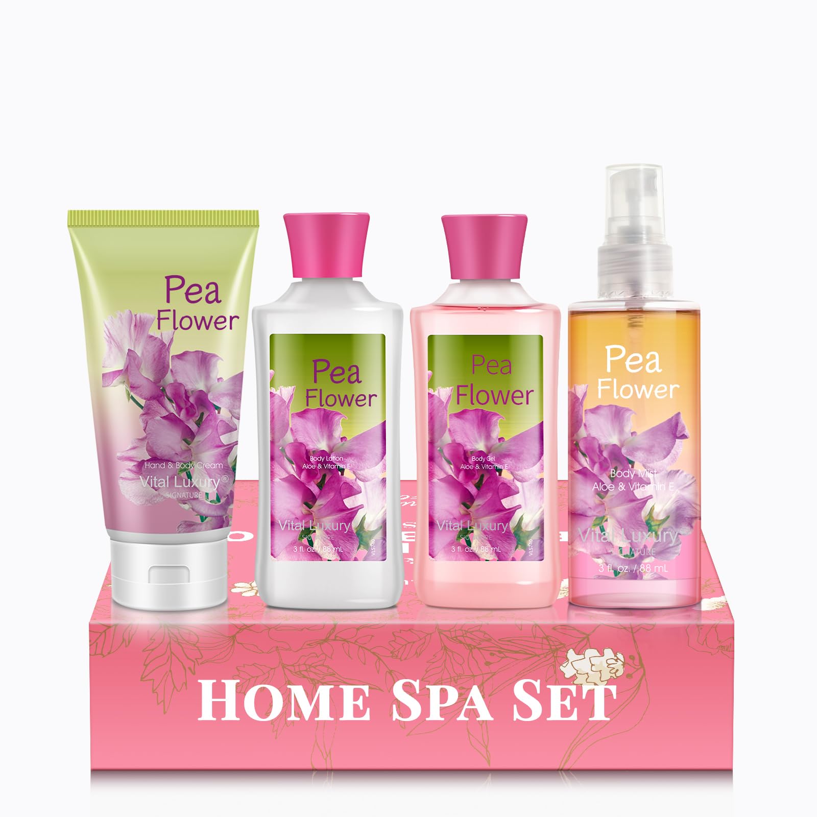 Vital Luxury Sweet Pea Bath & Body Kit, 3 Fl Oz, Ideal Skincare Gift Home Spa Set, Includes Body Lotion, Shower Gel, Body Cream, and Fragrance Mist, Halloween, Christmas Gifts for Her and Him