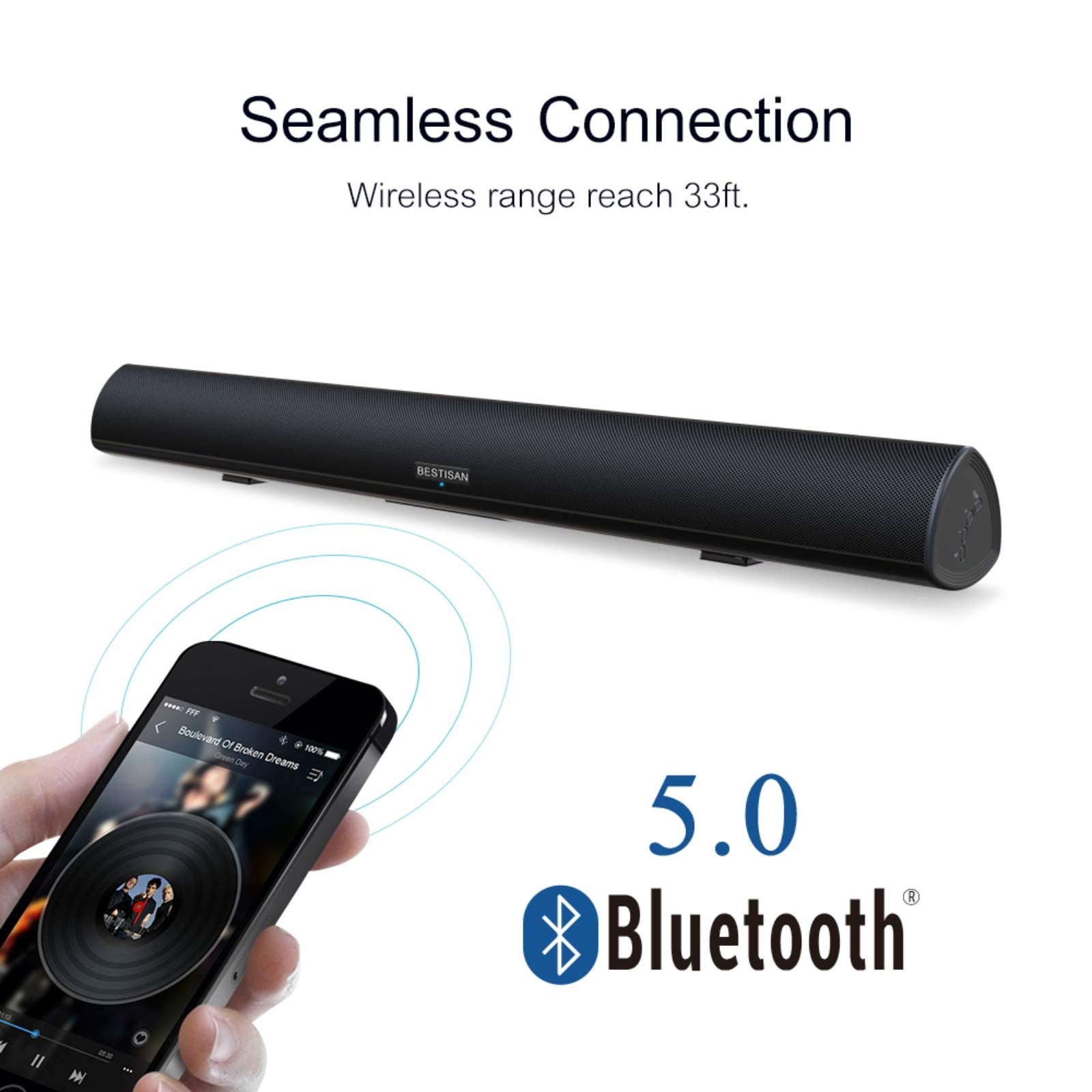 80Watt 34Inch Sound bar, Bestisan Soundbar Bluetooth 5.0 Wireless and Wired Home Theater Speaker (DSP, HDMI-ARC, Bass Adjustable, Optical Cable Included)
