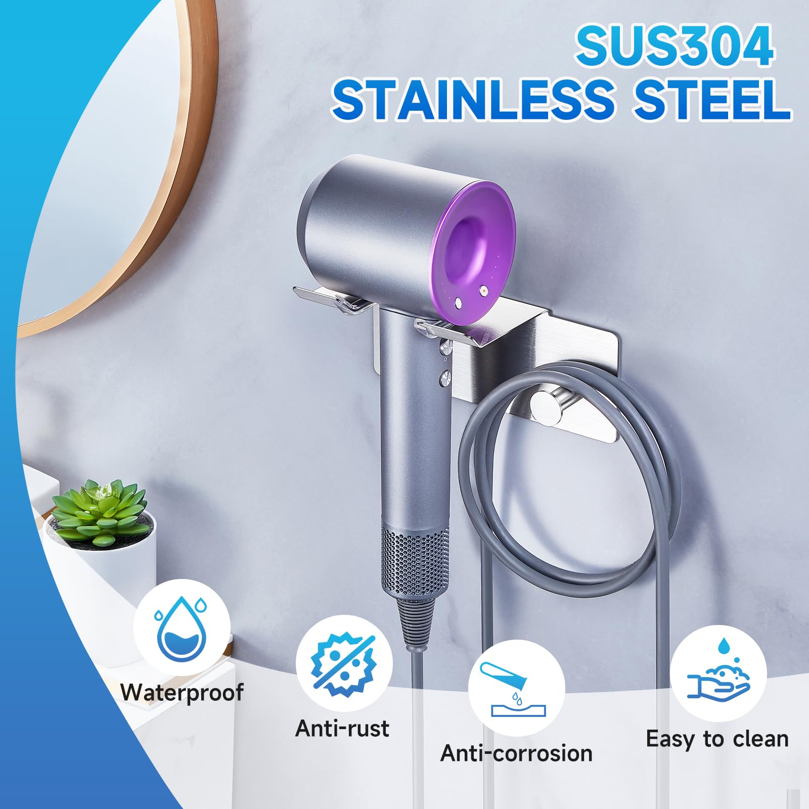 Hair Dryer Holder Wall Mounted, Blow Dryer Holder Adhesive, Stainless Steel Hairdryer Holder for Bathroom, Hair Tool Organizer with Plug&Cord for Cabinet Bathroom Bedroom Barber Shops
