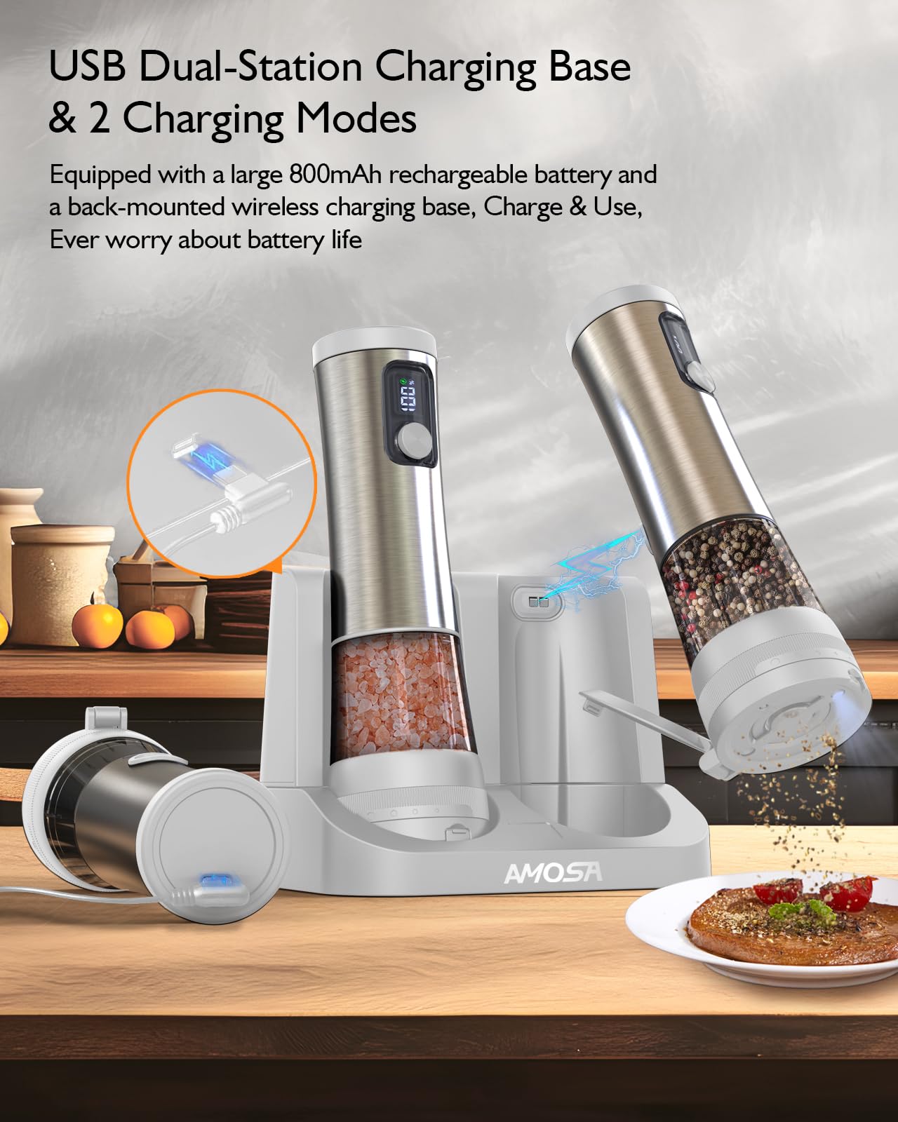 Electric Salt and Pepper Grinder Set, Upgraded 2-Speed Setting, External 5 Adjustable Coarseness, Battery Display Rechargeable Base, Stainless Steel Automatic Salt & Pepper Shaker Mill with LED, White