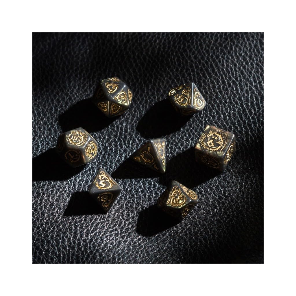 Q WORKSHOP Dragon Bottle Green & Gold RPG Ornamented Dice Set 7 Polyhedral Pieces