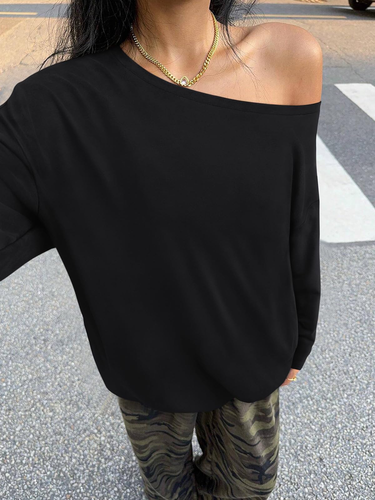 REORIA Womens Oversized Long Sleeve T Shirts One Shoulder Neck Fall Tee Tops Casual Y2K Outfits 2025 Clothes(Black XX-Large)