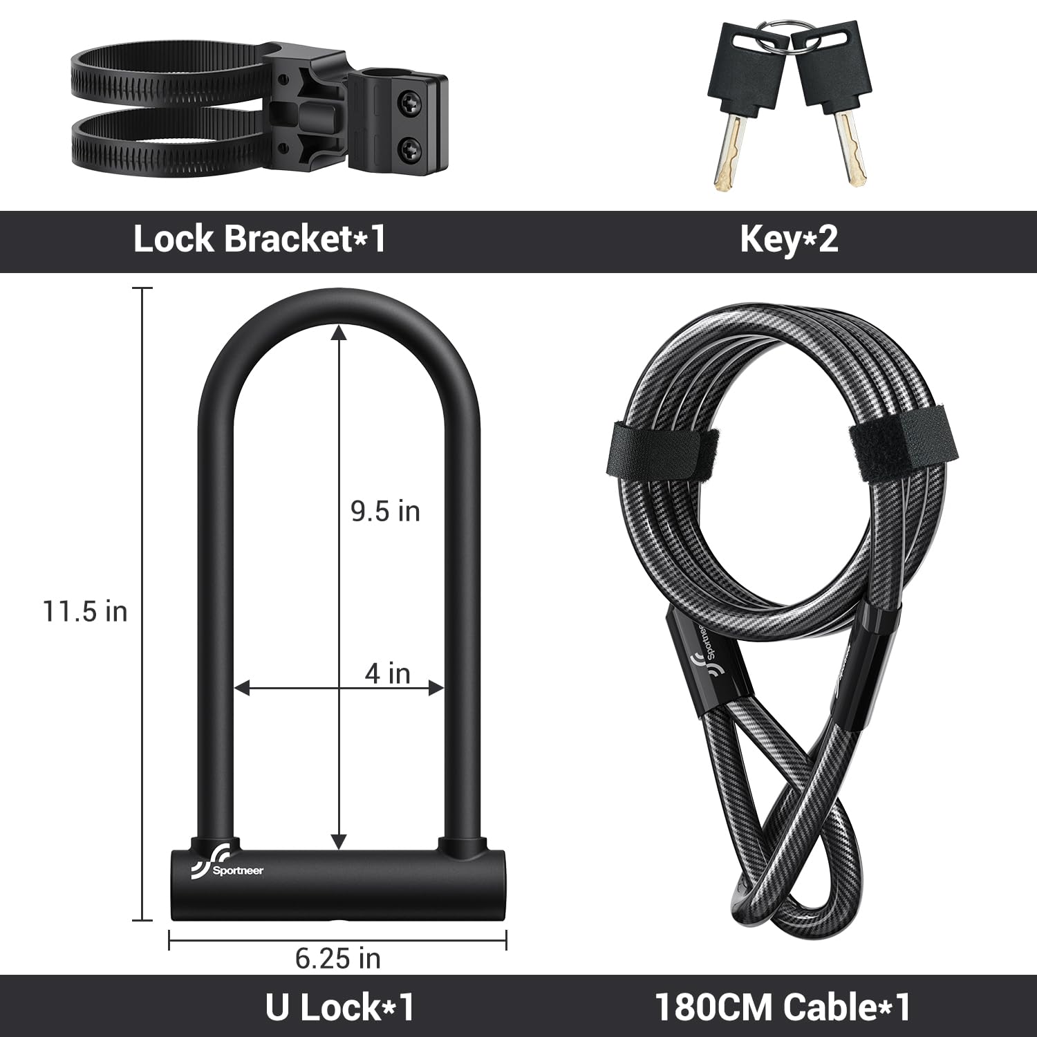 Sportneer Bike Lock: Heavy Duty Bike U Lock with 6ft Security Steel Cable - 18mm Shackle Bicycle U-Locks with Keys and Sturdy Mounting Bracket for Road Mountain Bike Bicycle