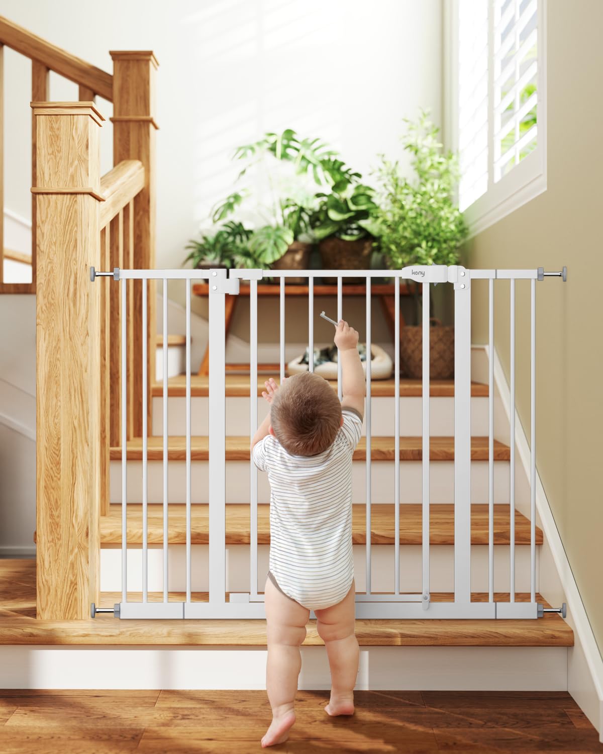 keny 29"-42.5" Baby Gate for Stairs, Auto Close Safety Dog Gate, Pressure Mounted Easy Walk Through Pet Gate for Doorways, Durable Safety Stair Gate, 30" Tall, White