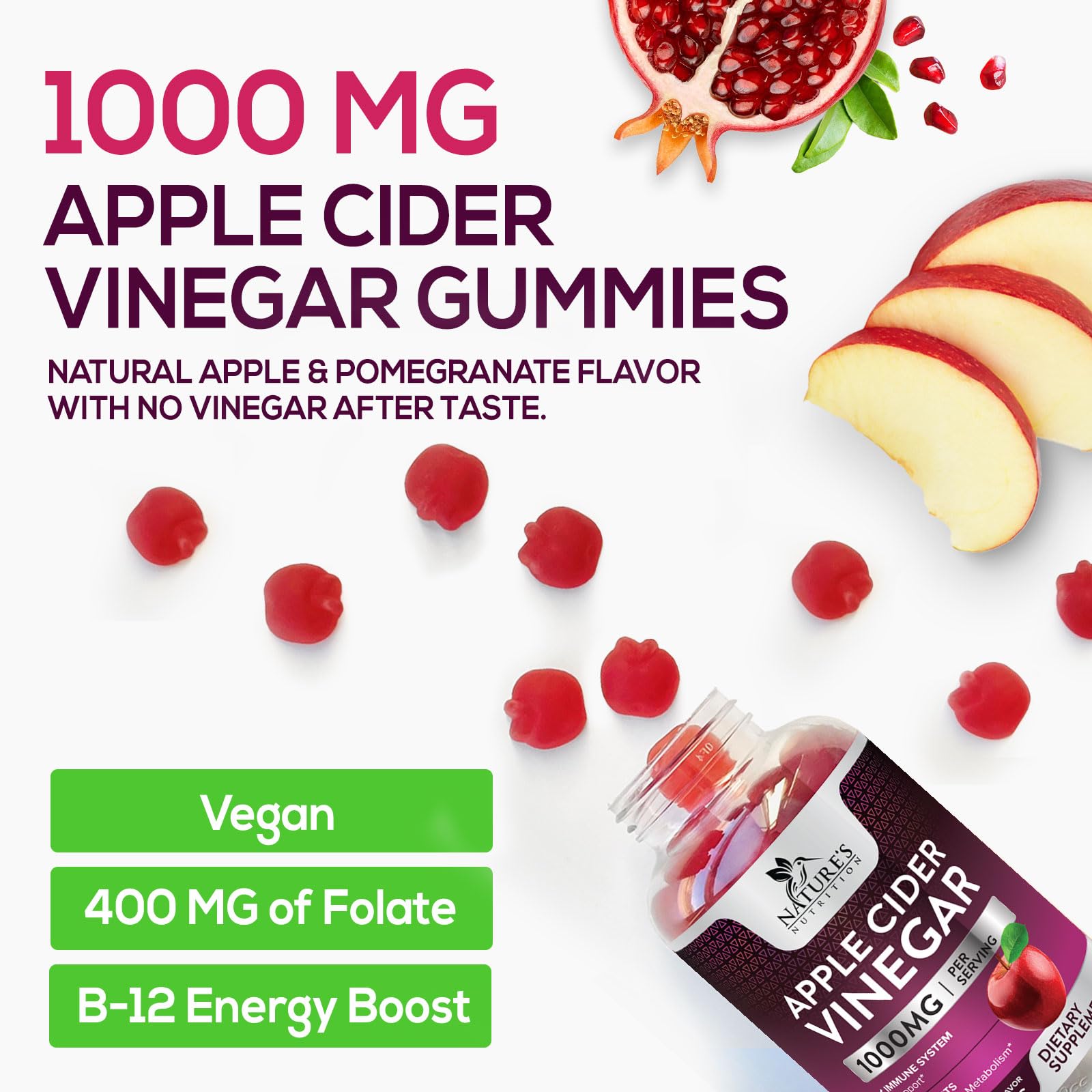 Nature's Nutrition Apple Vinegar Gummy for Weight Loss 1000mg - Vegan Apple Cider Vinegar Gummies for Detox & Cleanse, ACV Supplement Pills, Vitamin B12, Beetroot & Pomegranate, Non-GMO - 120 Gummies