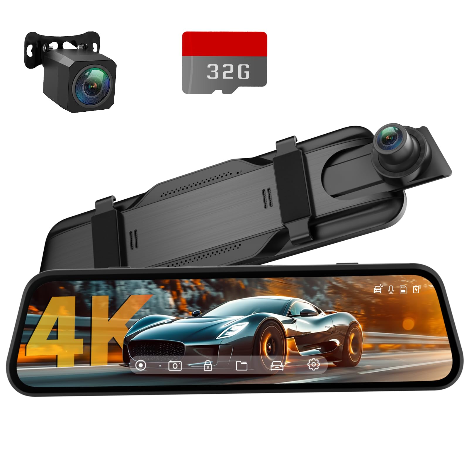 Veement 4K Rear View Mirror Camera, 10'' Mirror Dash Cam with 1080P Rear Camera, Dash Cam Front and Rear for Car with Voice Control, 24H Parking Mode, Night Vision, Free 32GB Card