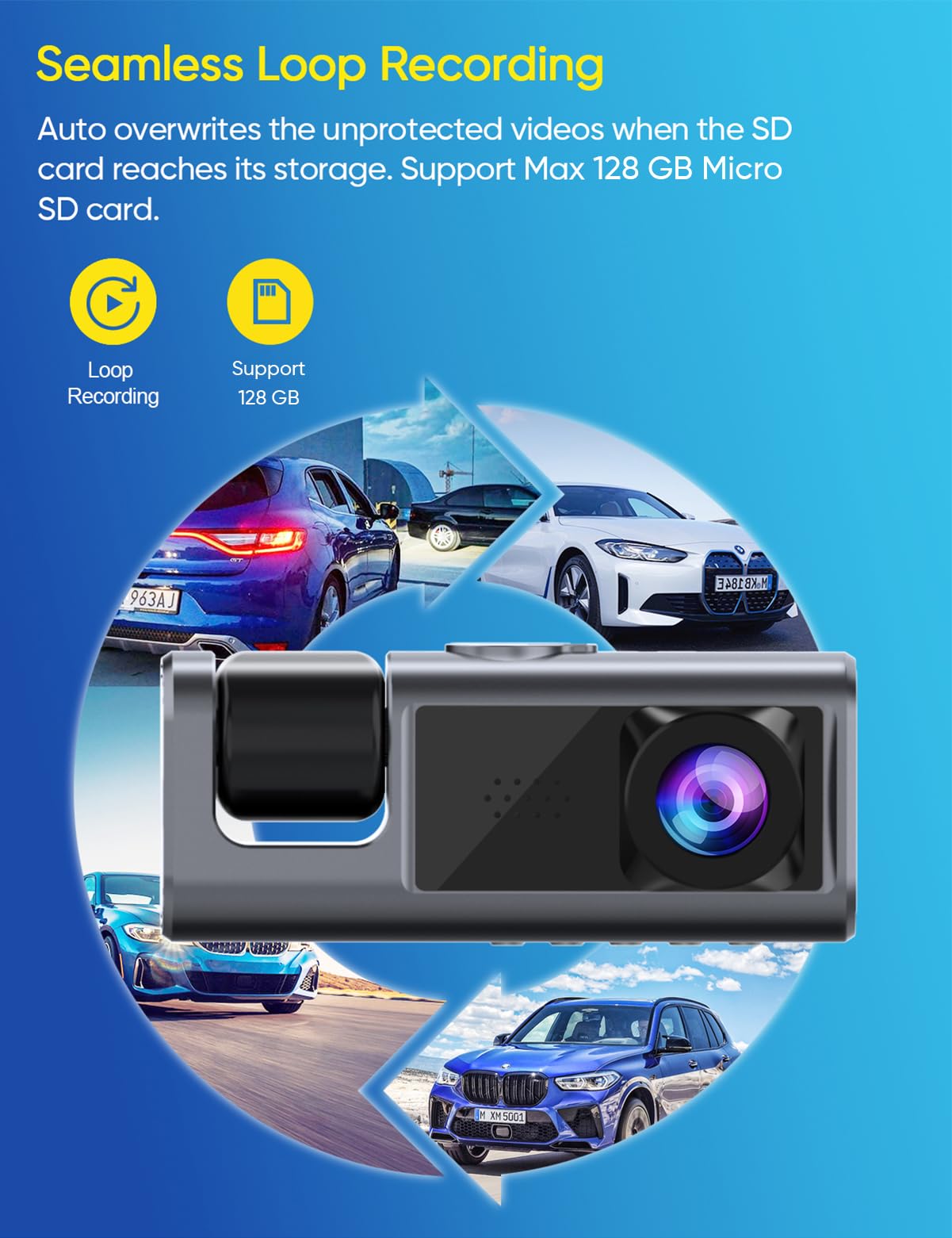 Galphi 3 Channel Dash Cam Front and Rear Inside, 1080P Dash Camera for Cars, Dashcam Three Way Triple Car Camera with IR Night Vision, Loop Recording, G-Sensor, 24 Hours Recording, Support 128 GB Max