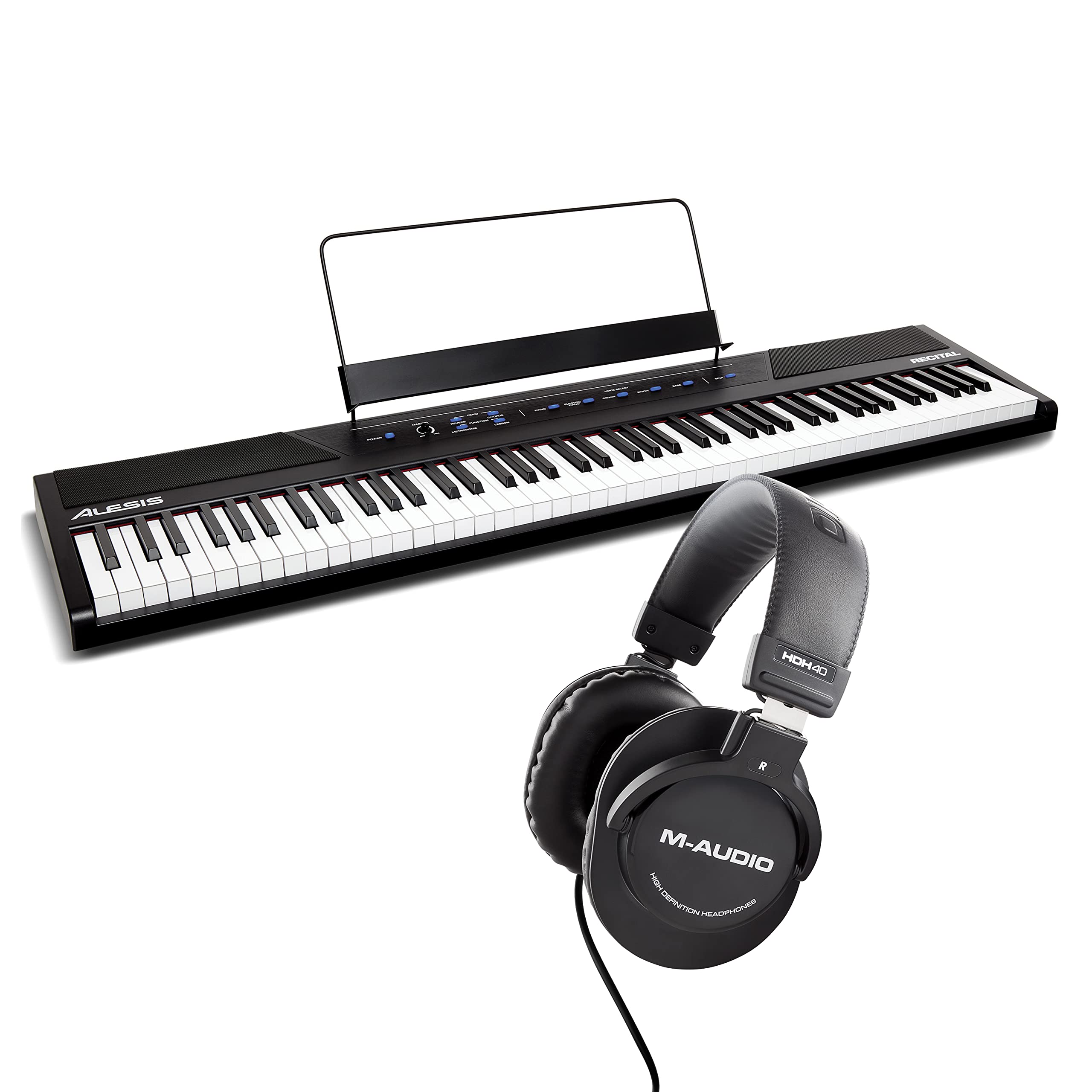 Alesis Recital – 88 Key Digital Piano Keyboard with Semi Weighted Keys, 5 Voices, Piano Lessons, and M-Audio HDH40 Piano Headphones for Silent Practice