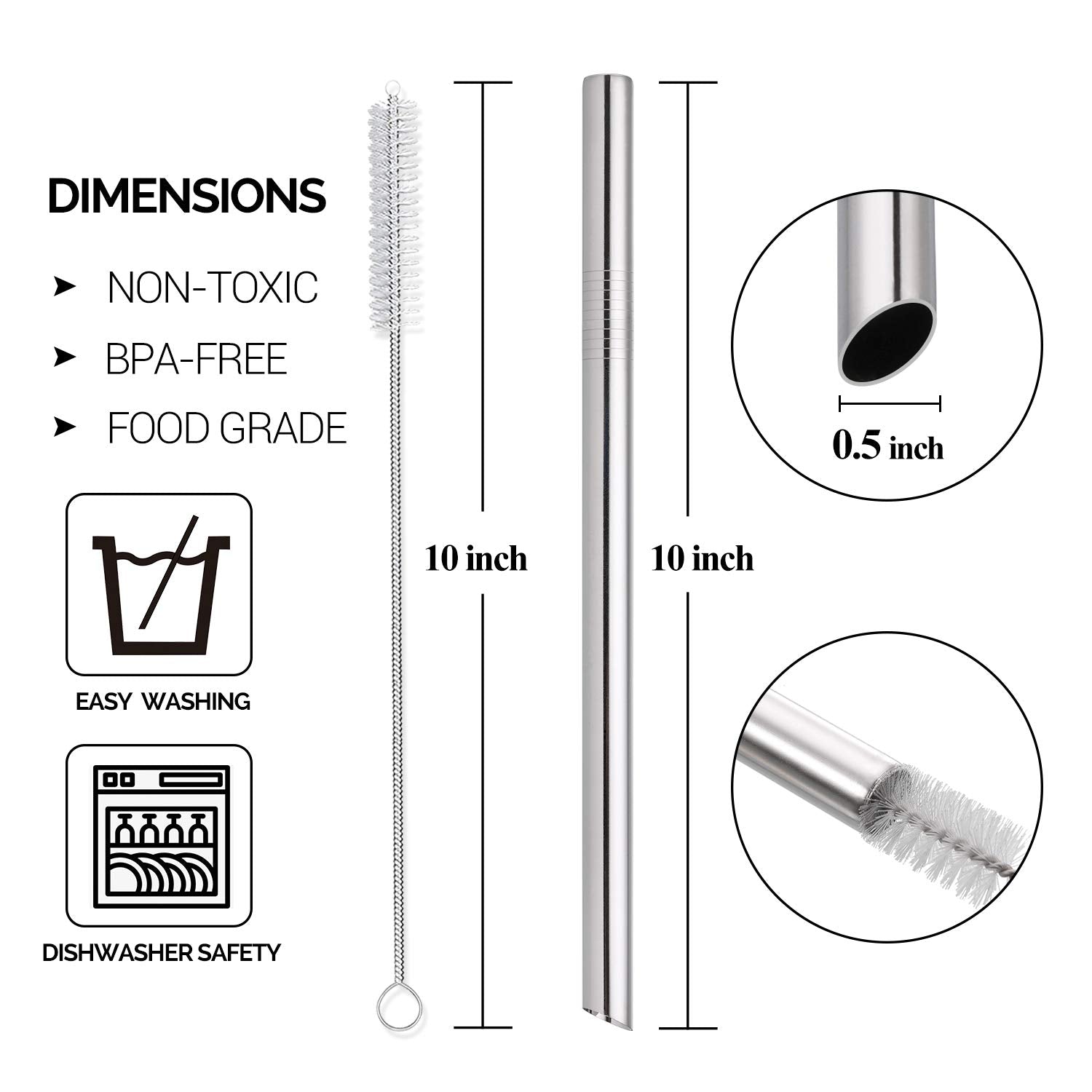 [Angled Tips] 5 Pcs 10" Reusable Bubble Tea Straws & Smoothie Straws, 0.5" Wide Stainless Steel Straws, Metal Straws for Bubble Tea/Tapioca Pearl, Milkshakes, Jumbo Drinks | 2 Cleaning Brushes