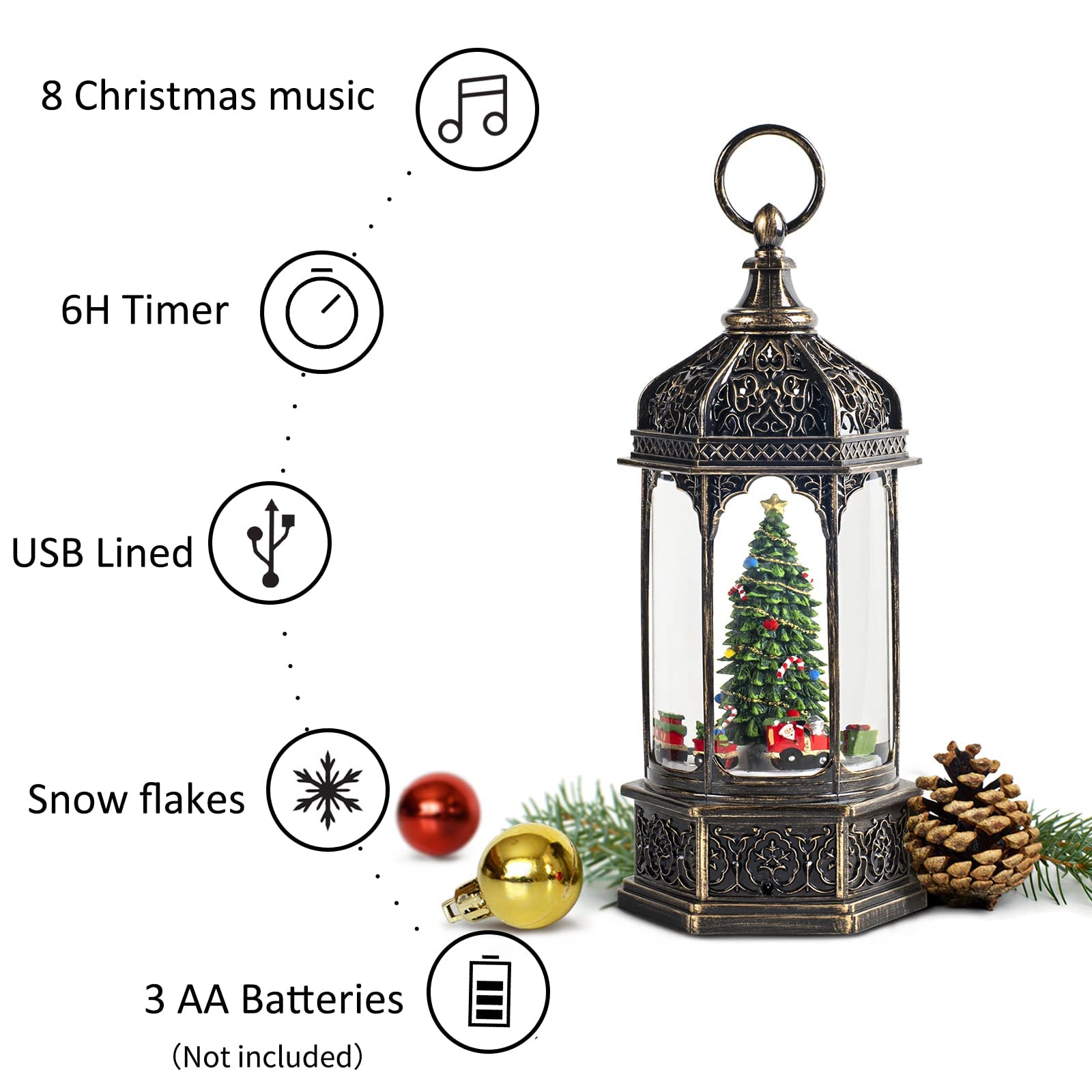 Christmas Snow Globes,Snow Ball Christmas with Music,6H Timer Cylindrical Flashing Snow Ball,Bronze Christmas Music Box Including 8 Songs, Lantern with Christmas Tree