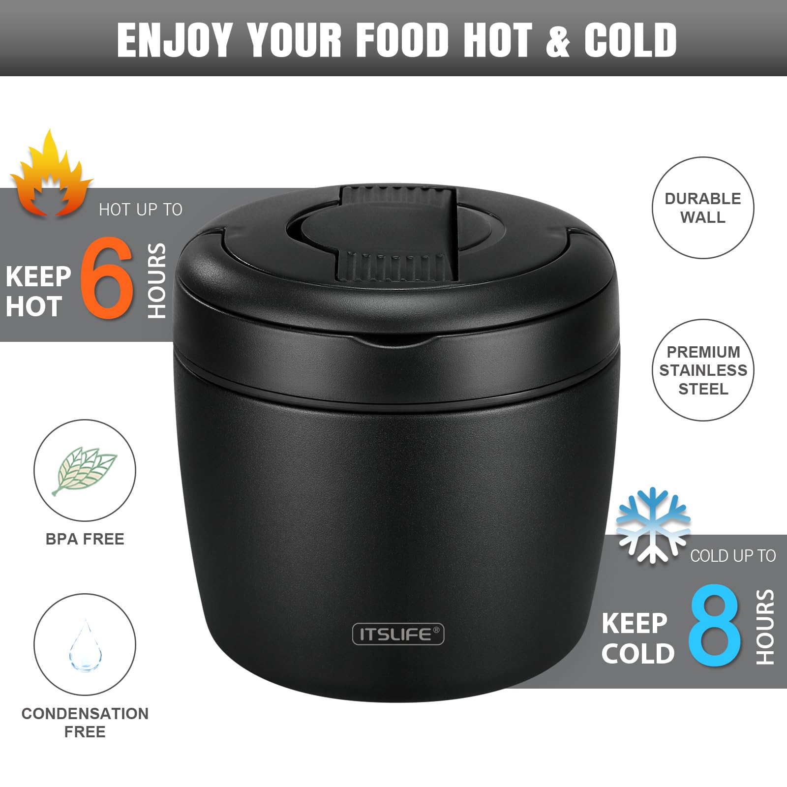 Soup Thermo for Hot Food Adults 32OZ Lunch Containers Wide Mouth Hot Food Jar Vacuum Insulated Stainless Steel Bento Box Leakproof with Spoon (Black)