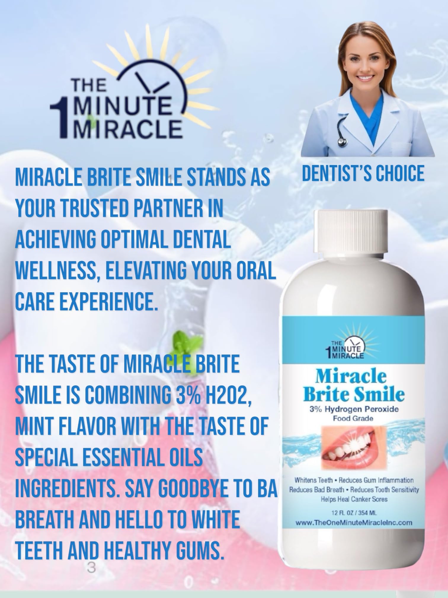 Miracle Brite Smile - Essential Oxygen Rinse Mouthwash for Whiter Teeth, Fresher Breath, and Healthier Gums, Peppermint 12 fl. oz. Our Brand is Reconmended by Dentists.