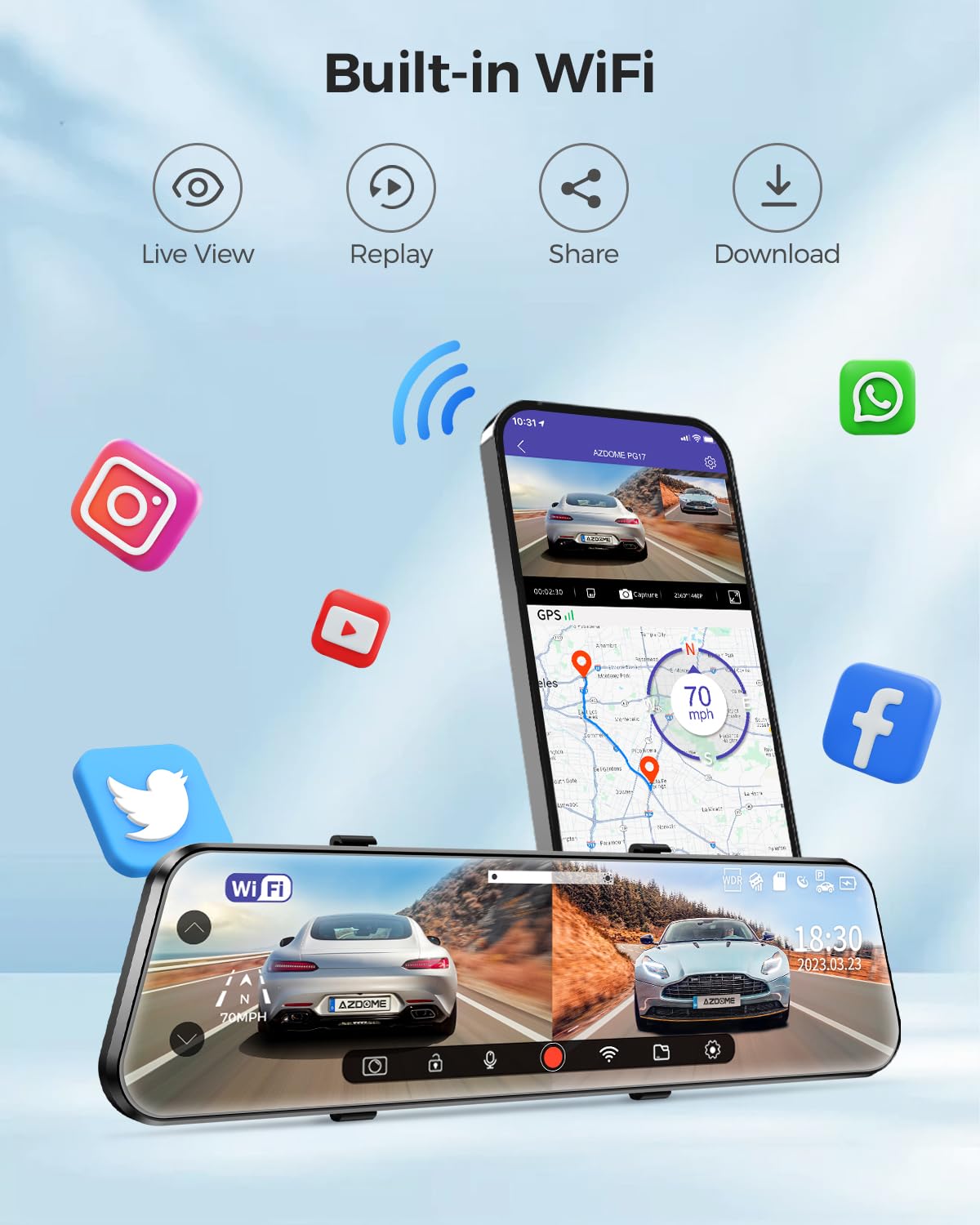 AZDOME PG17 WiFi Rear View Mirror Camera, 12" Mirror Dash Cam, Dual Camera 2.5K Front and 1080P Rear Camera for Car, Free 64GB TF Card, Waterproof Backup Camera Night Vision, Parking Assistance GPS