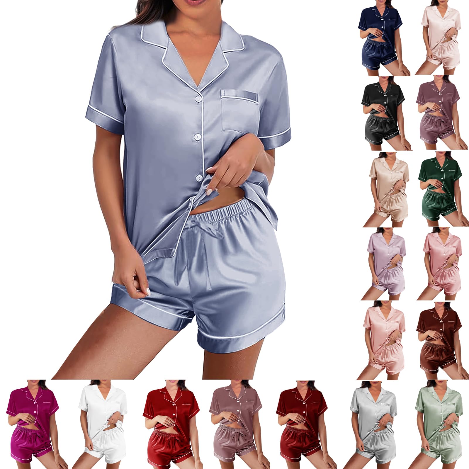 WJing Yi Jia Womens Silk Satin Pajamas Loungewear Two-Piece Sleepwear Button-Down Floral Pj Set -Size: L