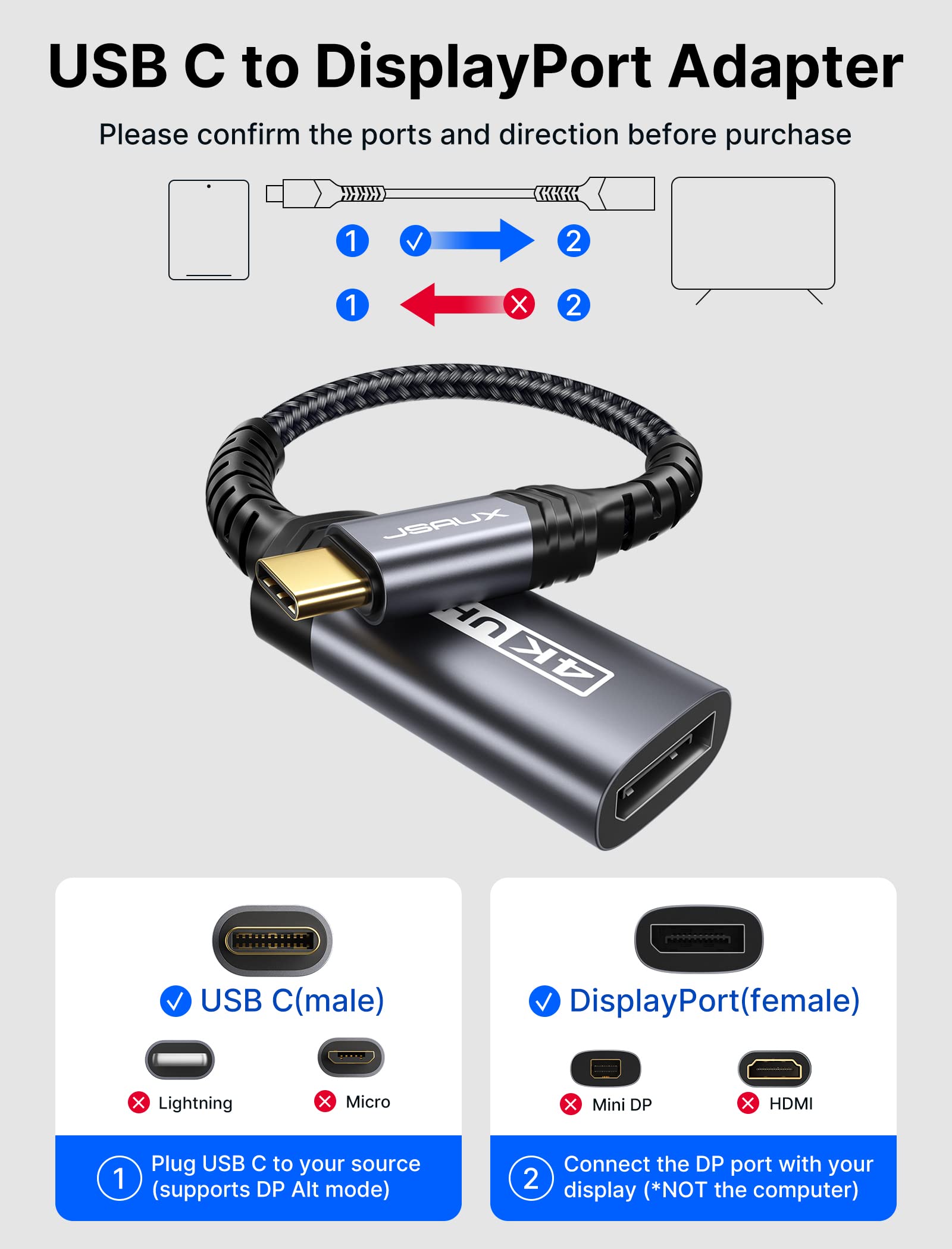 JSAUX USB C to DisplayPort Adapter 4K@60Hz, Type C to Display Port Cable Adapter Compatible with iPhone 15 Pro Max, MacBook Pro 2019 2018, Surface Book, Dell XPS, Samsung Galaxy S24 S23 Note 20-Grey