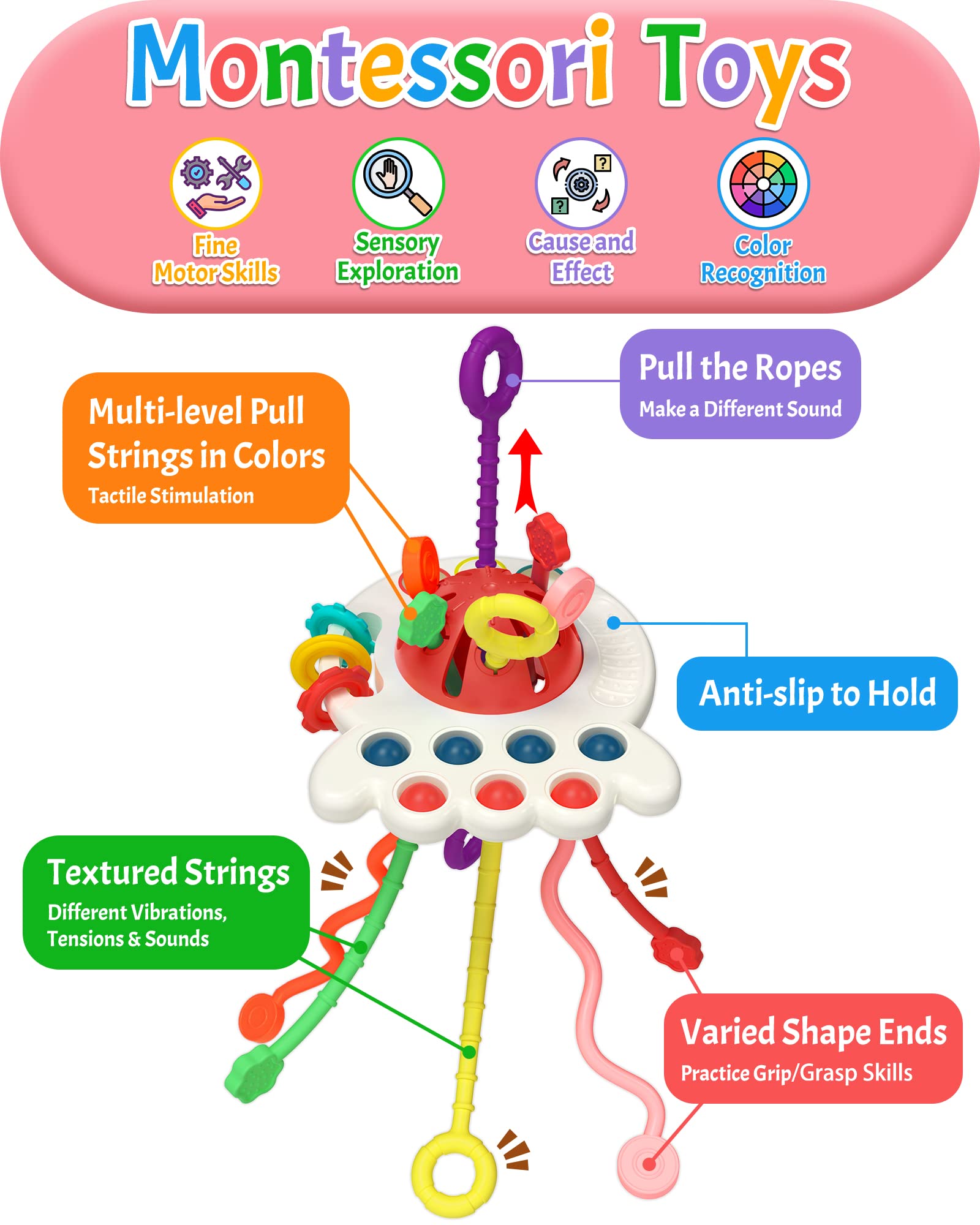 Yetonamr Baby Sensory Montessori Toys for 6-12-18 Months, Pull String Silicone Teething Toy, Stocking Stuffers Birthday Gift Travel Toy for 1 2 Year Old Boy Girl Infant Toddlers 8 9 10 Months Old