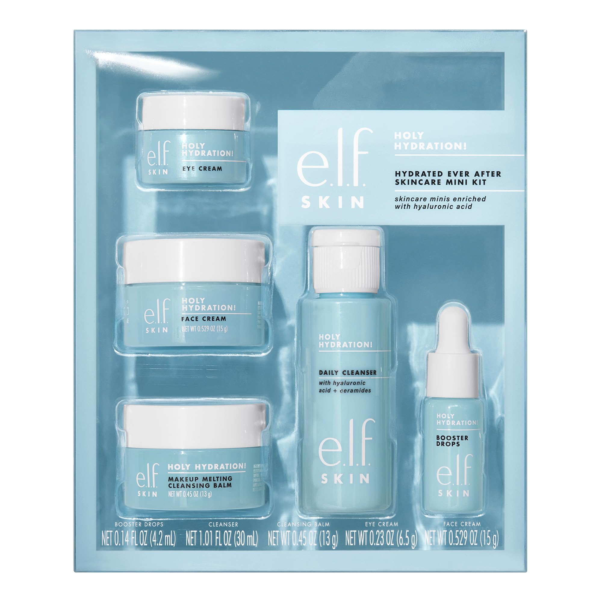 e.l.f. SKIN Holy Hydration! Hydrated Ever After Skincare Mini Kit, Cleanser, Makeup Remover, Moisturiser & Eye Cream For Hydrating Skin, Airplane-Friendly Sizes