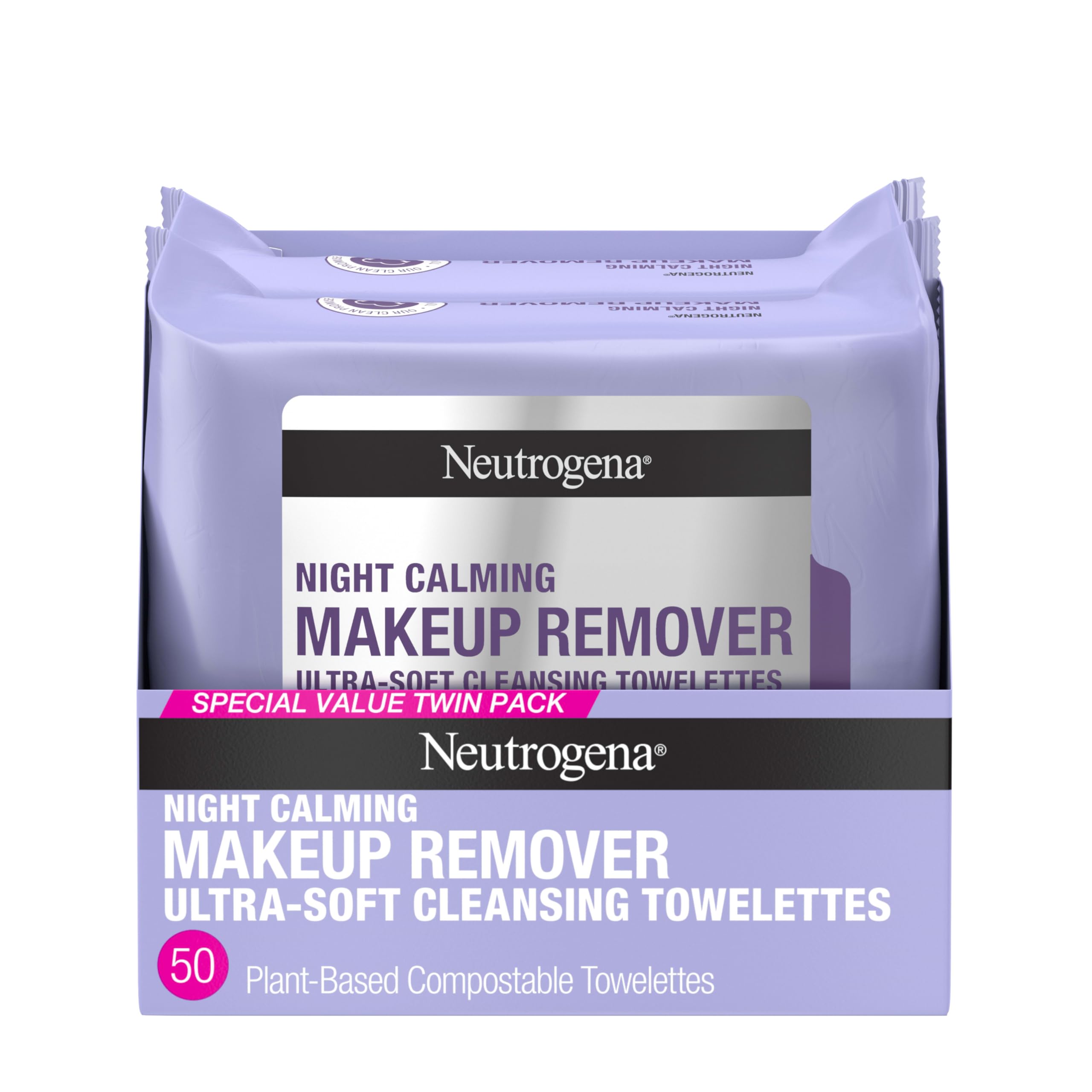 Neutrogena Night Calming Makeup Remover Face Wipes, Nighttime Cleansing Towelettes Remove Sweat, Dirt & Makeup & Calms Skin, Hypoallergenic, 100% Plant Based Cloth, 50 Count (2 Packs of 25)