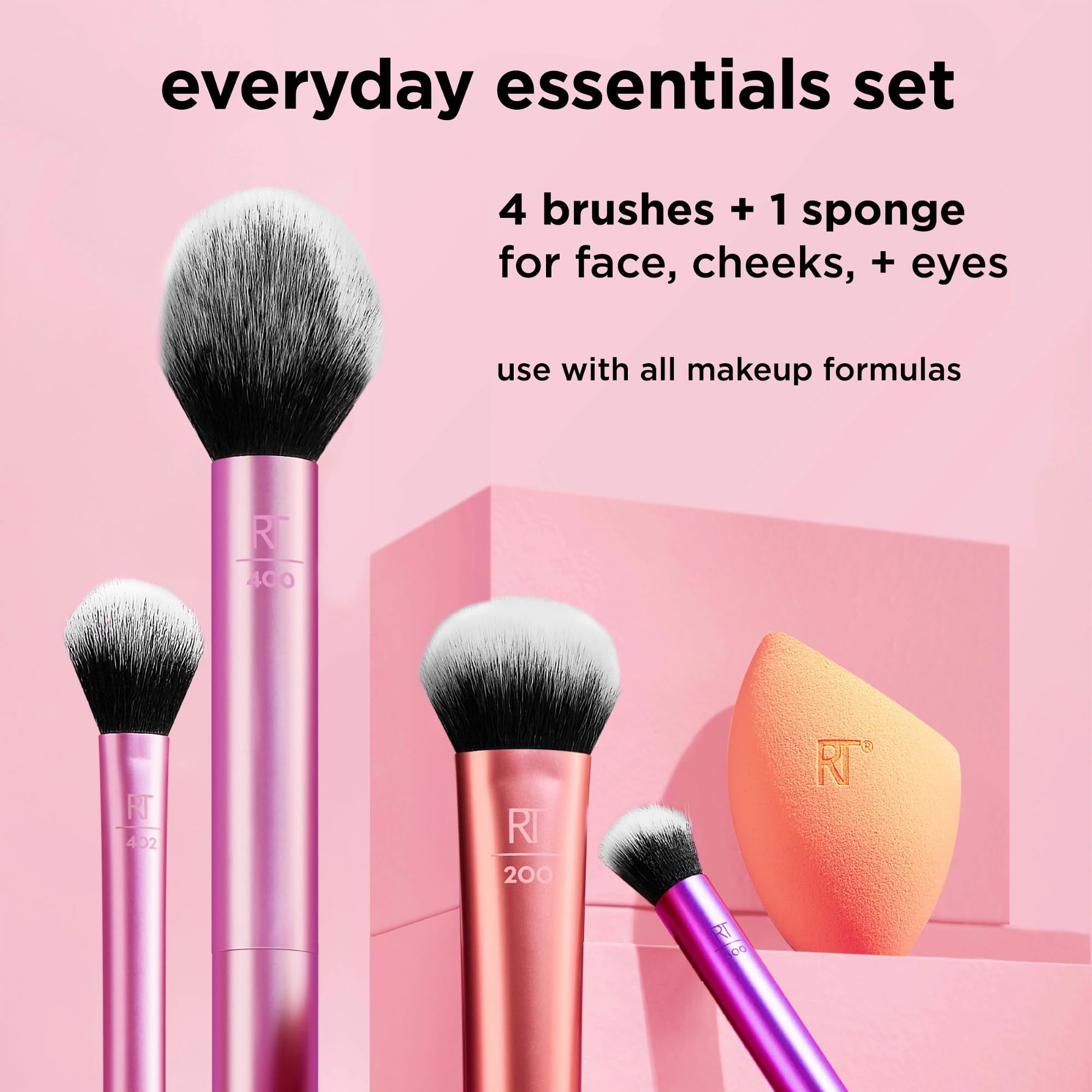 Real Techniques 6 Piece Everyday Essentials Makeup Brush Set, 4 Brushes & 2 Makeup Sponges, For Foundation, Blush, Contour, Eyeshadow, & Powder, Travel Gift Set, Stocking Stuffer, Cruelty-Free