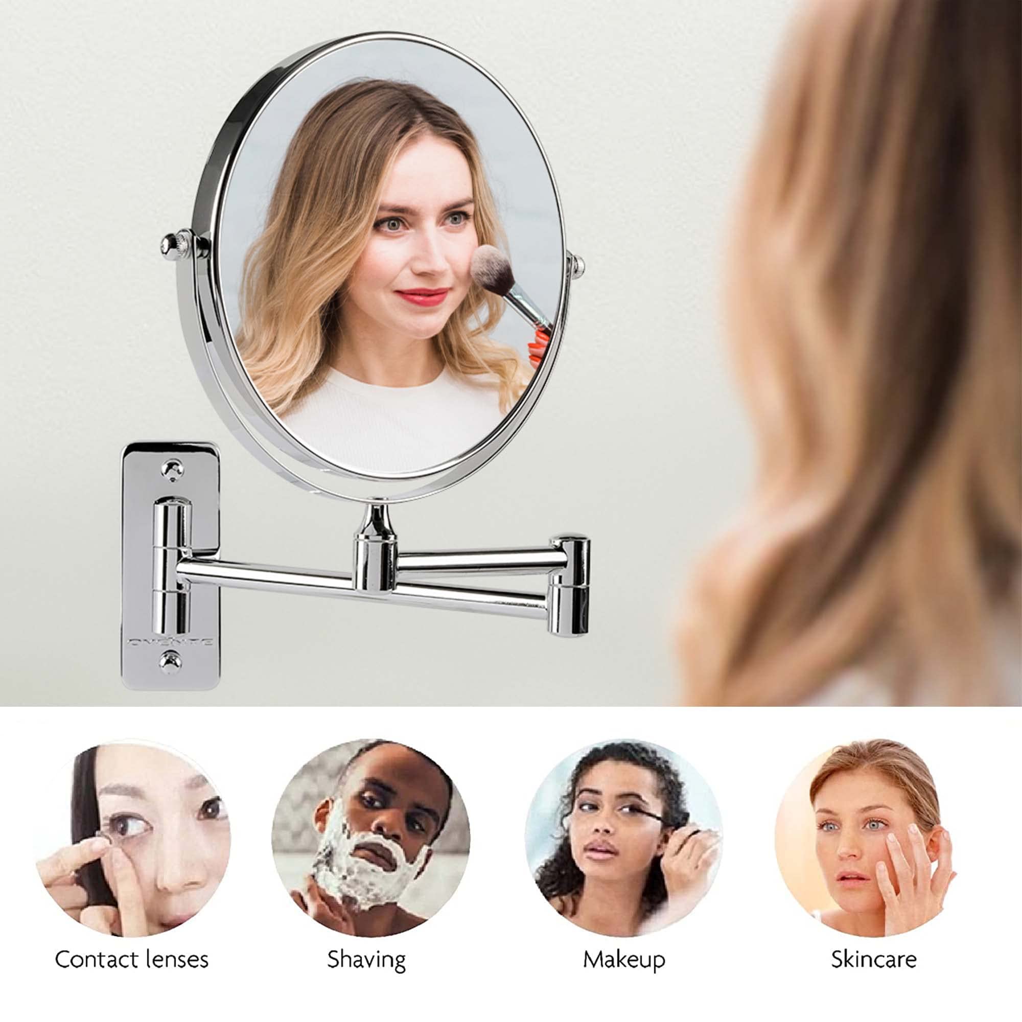 OVENTE 7" Wall Mounted Makeup Mirror with 1X/10X Magnification, Double Sided Magnifying Round Bathroom Vanity Mirror, 360° Swivel Design, Extendable and Folding Arm, Polished Chrome MNLFW70CH1X10X