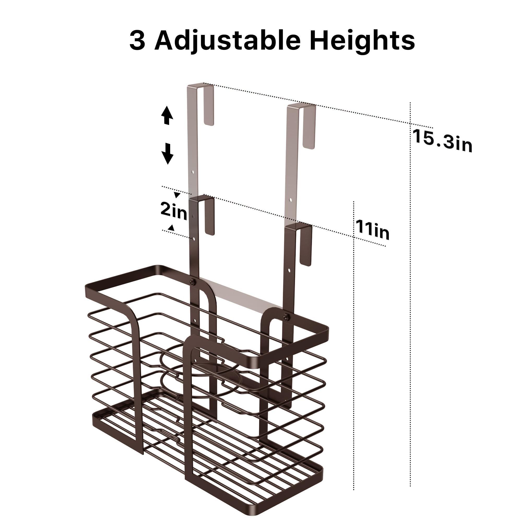 YIGII Hair Dryer Holder - 3-in-1 Blow Dryer Holder Adjustable Height Brown Bathroom Organizer Wall Mounted/Cabinet Door Styling Tools Storage for Hair Dryers, Straighteners