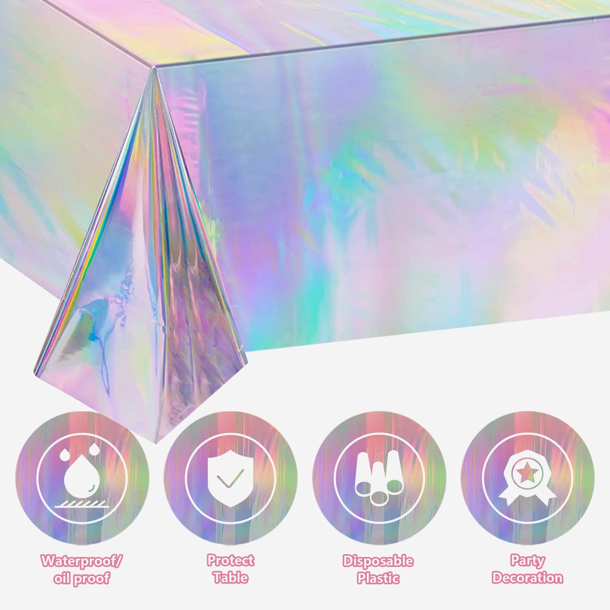 4 Pack Iridescence Plastic Tablecloths Disposable Laser Tablecloth Holographic Foil Rectangle Table Covers Birthday Disco Bachelorette Bridal Wedding Rainbow Iridescent Party Decorations 54" x 108"