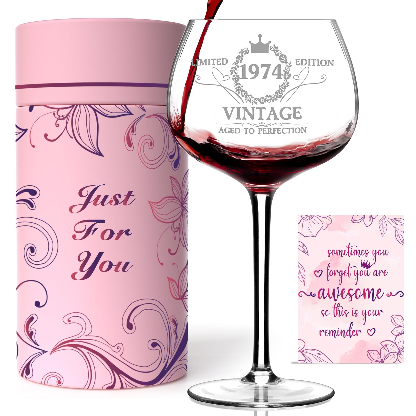 50TH Birthday Gifts for Her, Vintage 1974 Engraved 50th Wine Glass, 50 Year Old Birthday Decorations For Women, Funny 50 Bday Gifts Idea For Women, Friends, Daughter, Sister Mom - Turning 50 Present