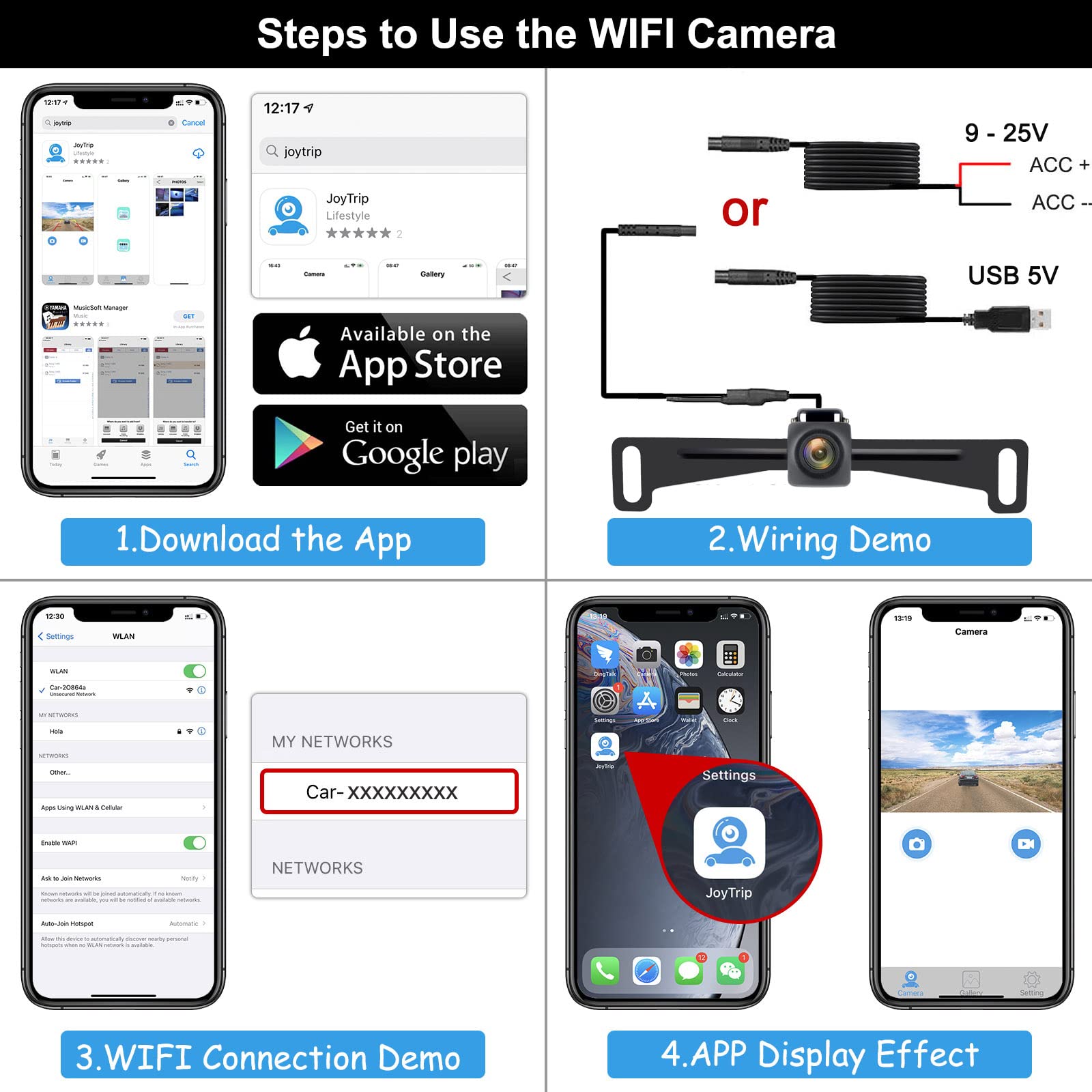 YEOIZO WiFi License Plate Wireless Backup Camera, 720P HD Back up Camera Systems for car, Front/Rear View Reverse Camera, 160° View Angle for Cars SUV Pickup Trailer RV Camper for iPhone iPad Android
