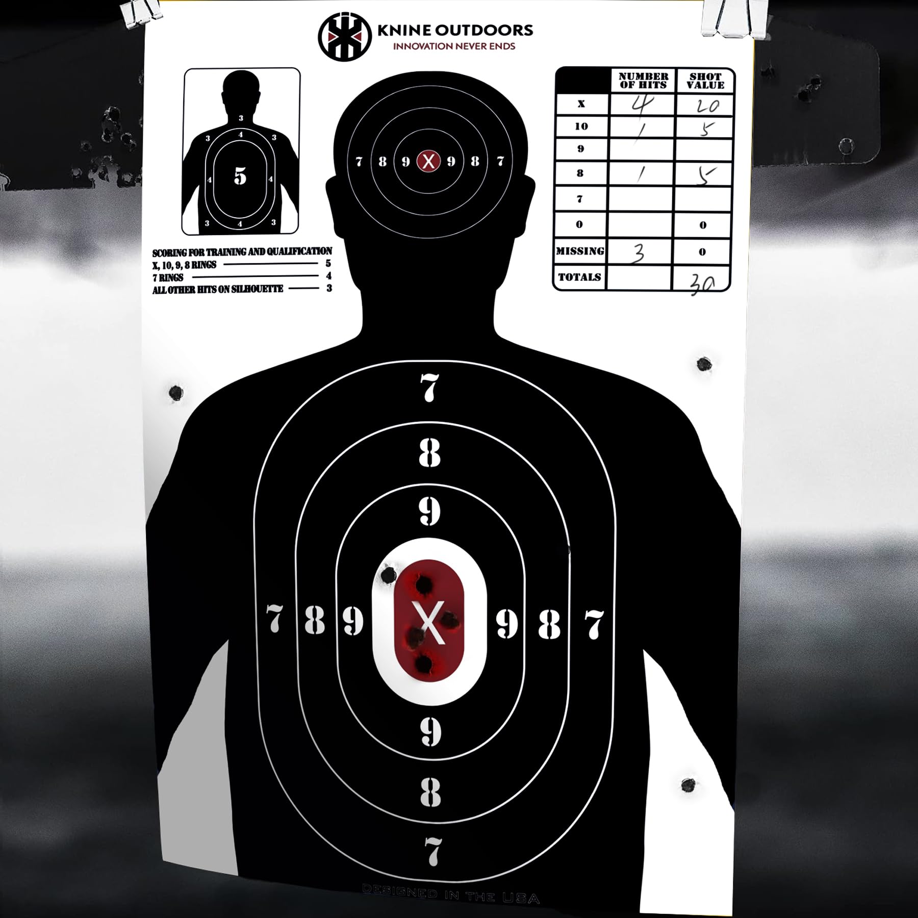 KNINE OUTDOORS Shooting Targets Paper, 17x25 inch, Bulk for Hunting, Handguns, Pistols, Rifles, Silhouette with Red Bullseye, Black Design (25 Pack)