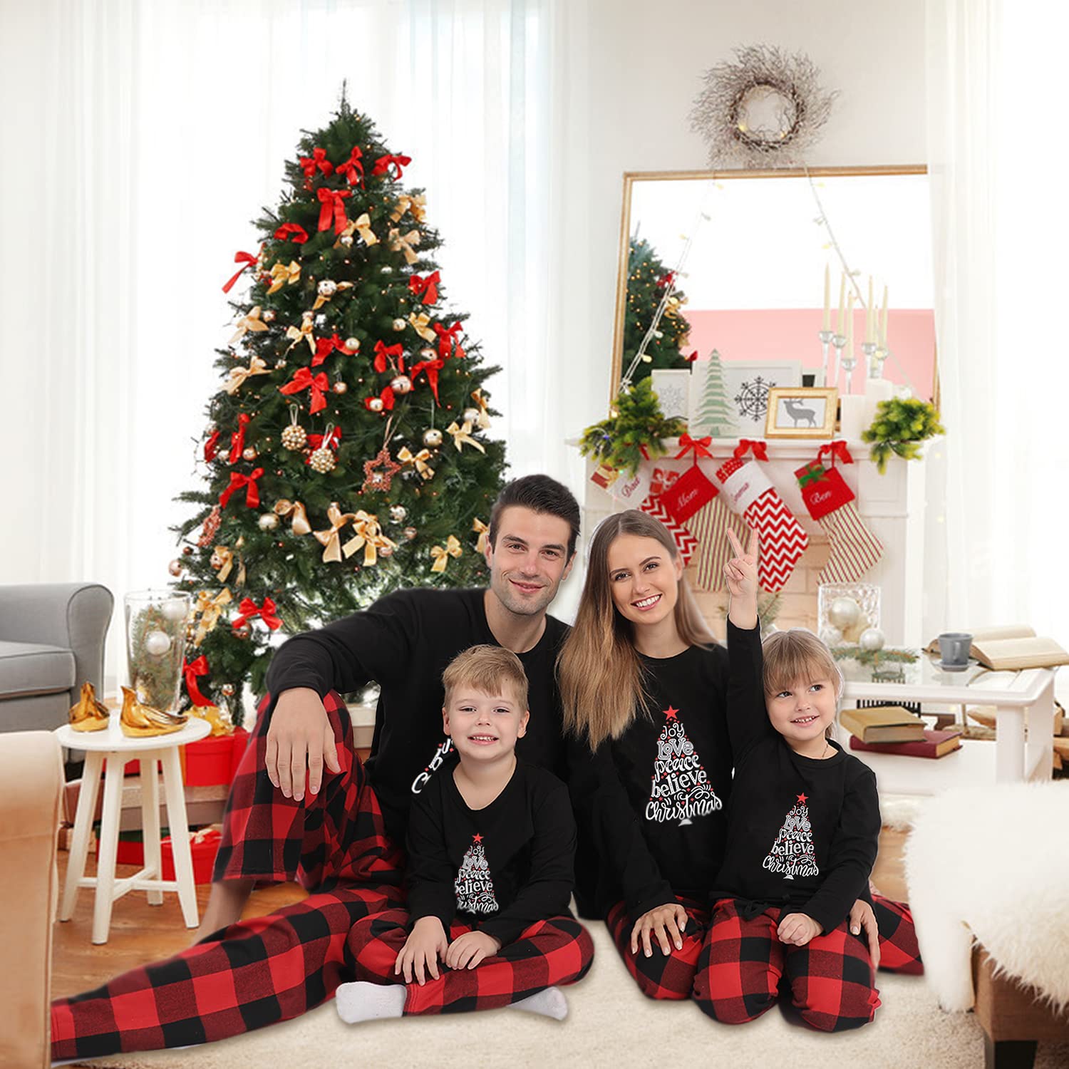 Onancehim Matching Christmas Pajamas for Family, Funny Holiday Cute Let It Snow Print Tops and Plaid Pants Xmas Sleepwear Pjs Set (Youth, 2-3T, Black)