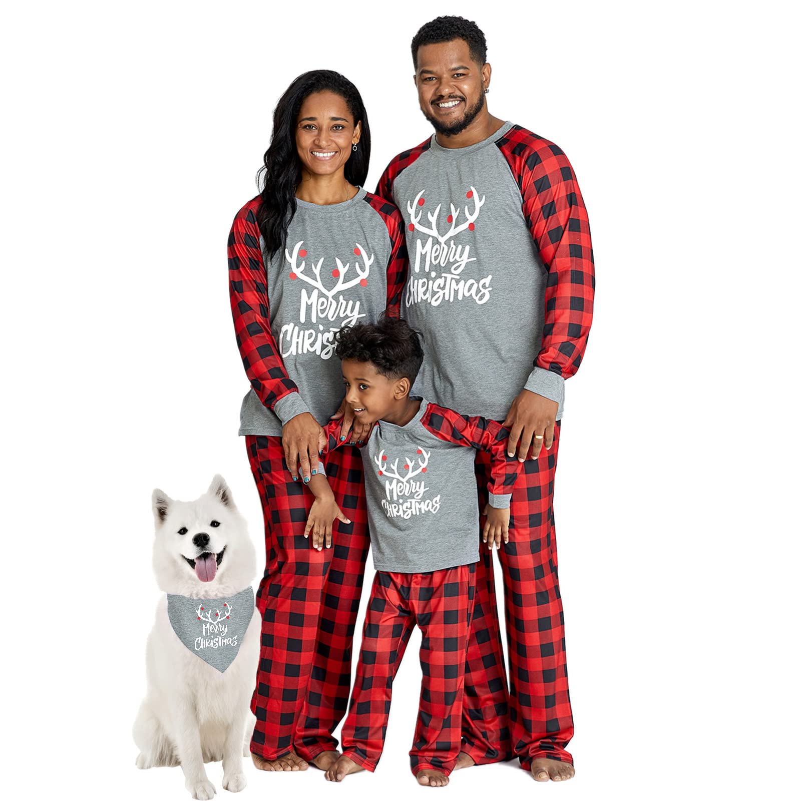 IFFEI Matching Family Pajamas Sets Christmas PJ's with Letter Pet Bandana Grey