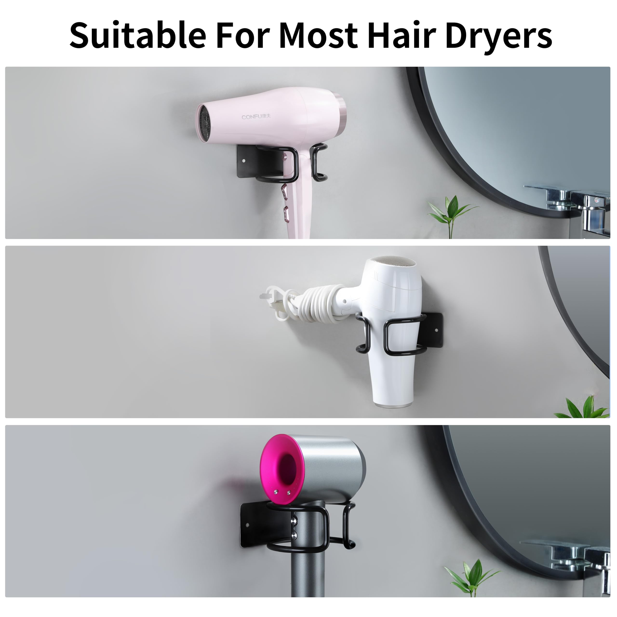 YIGII Universal Hair Dryer Holder Wall Mounted, Self Adhesive Blow Dryer Hanger Compatible with Most Hair Dryers, Stainless Steel Hairdryer Holder Rack for Bathroom Cabinet (Black)